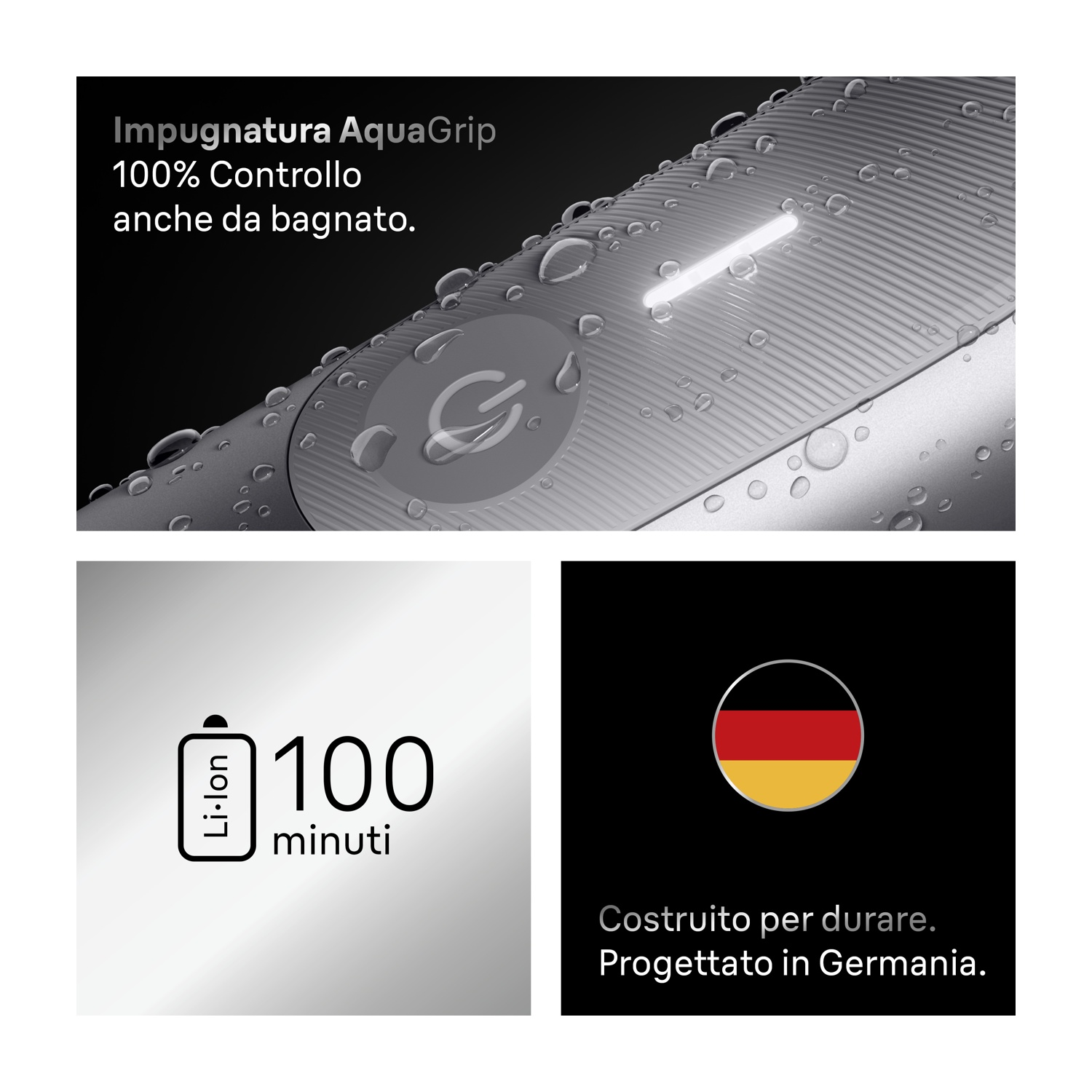 L'immagine mostra un rasoio d'argento con gocce d'acqua. Il testo dice AquaGrip, controllo al 100% anche sotto l'acqua, 100 minuti e Prodotto in Germania.