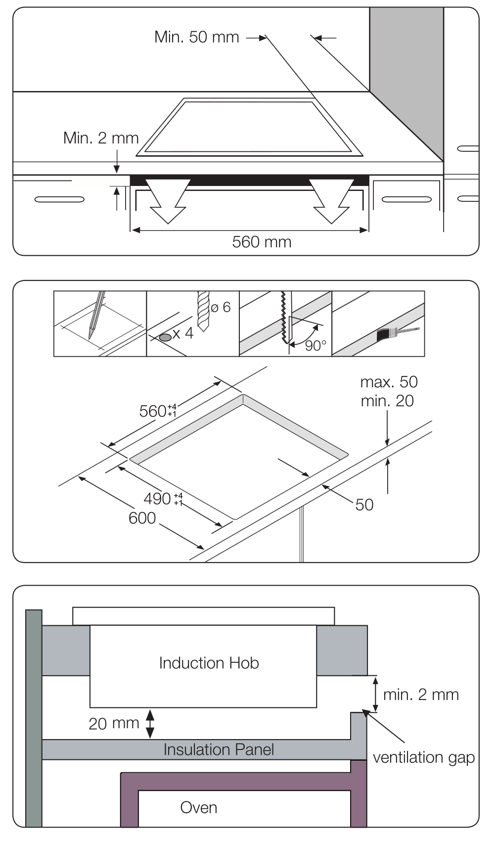 Indukciós főzőlap beszerelési részleteit ábrázoló diagram, méretekkel, szellőzőréssel és komponenscímkékkel.