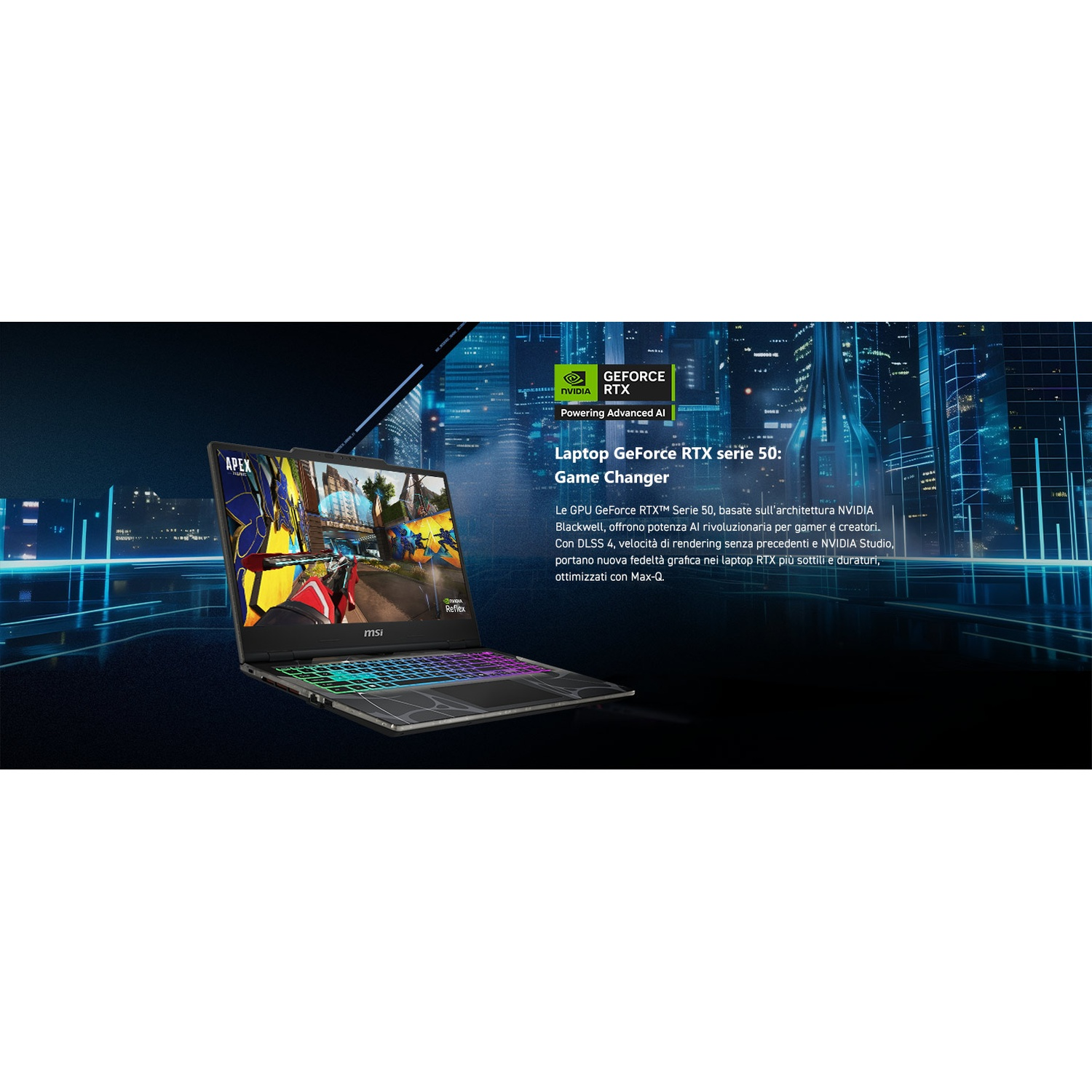 Laptop con schermo di gioco che mostra Apex Legends. La tastiera ha luci colorate, su uno sfondo cittadino.