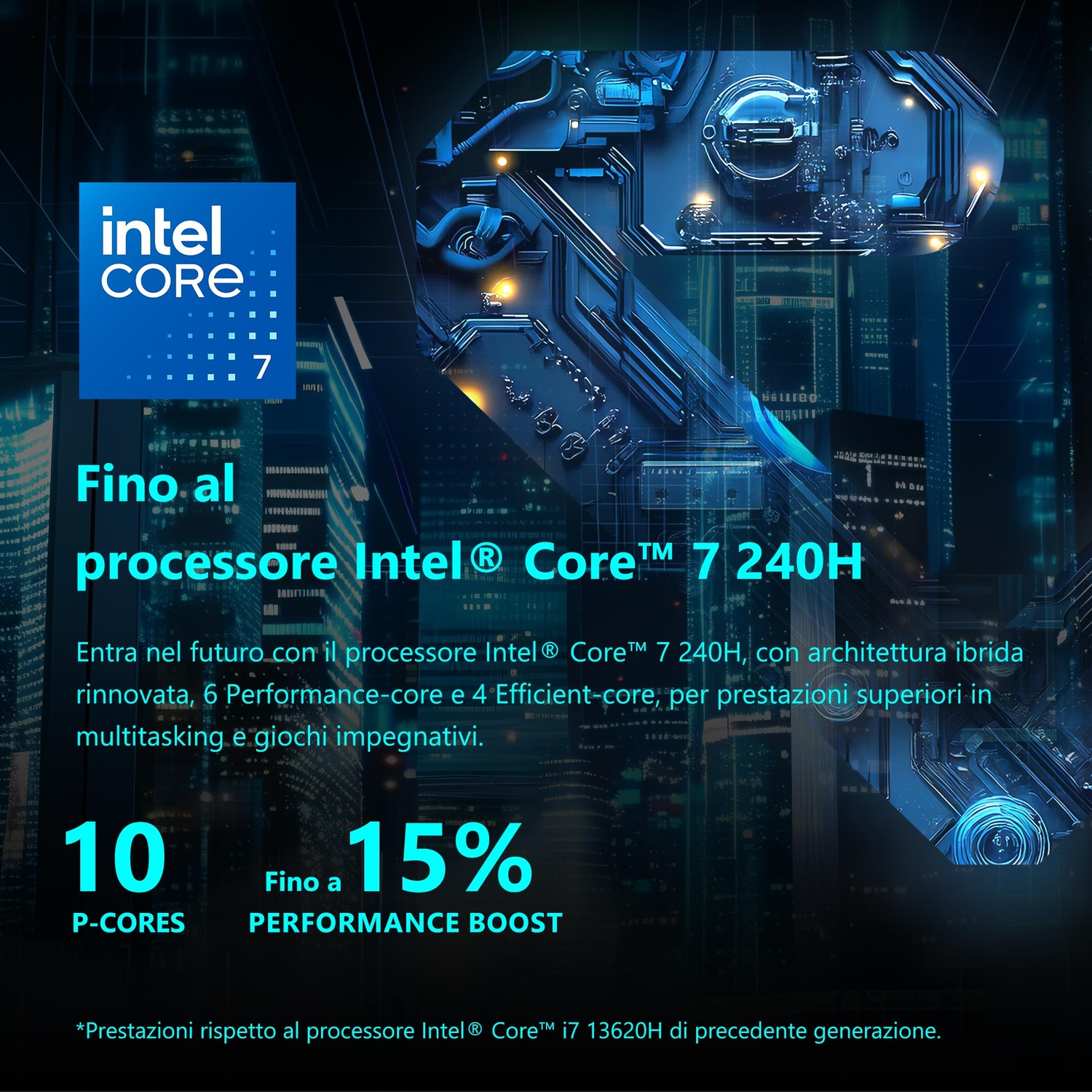 Grafica processore Intel Core 7 con testo: 10 P-Core, fino al 15% di aumento delle prestazioni. Sfondo: illustrazione tech blu.