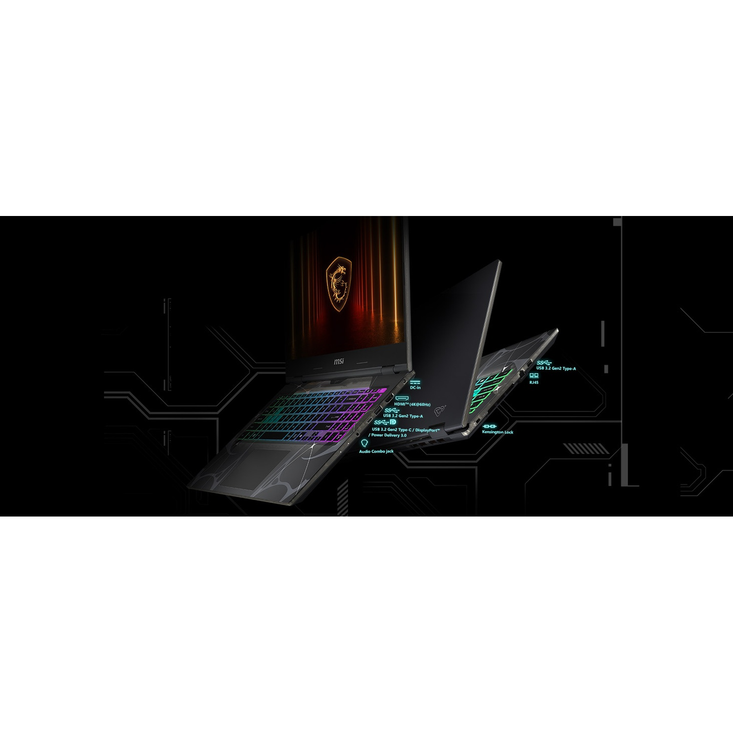 Un laptop MSI nero è aperto, mostrando la tastiera con luci colorate. Ha varie porte etichettate con testo bianco.