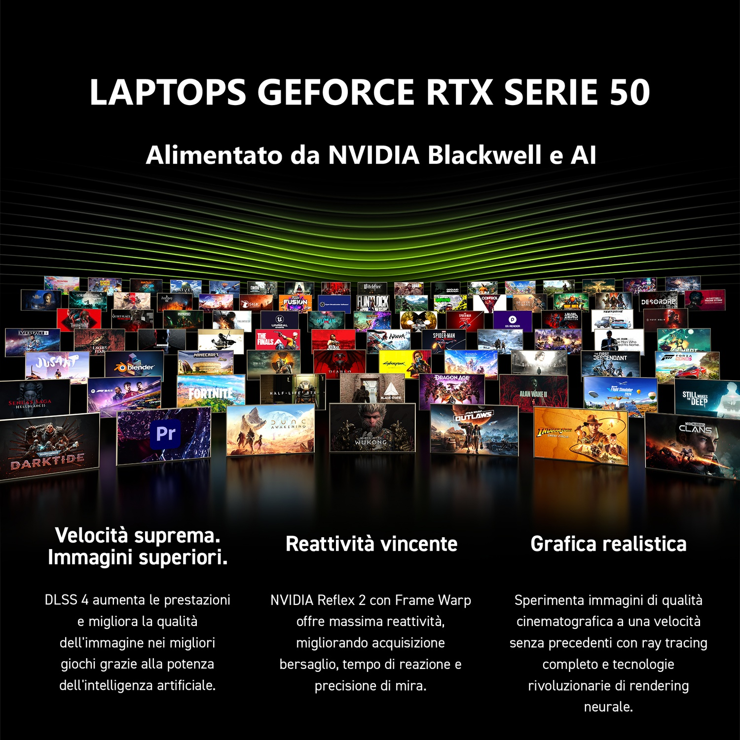 L'annuncio mostra laptop GeForce RTX serie 50, con titoli di giochi e testo su prestazioni e grafica.