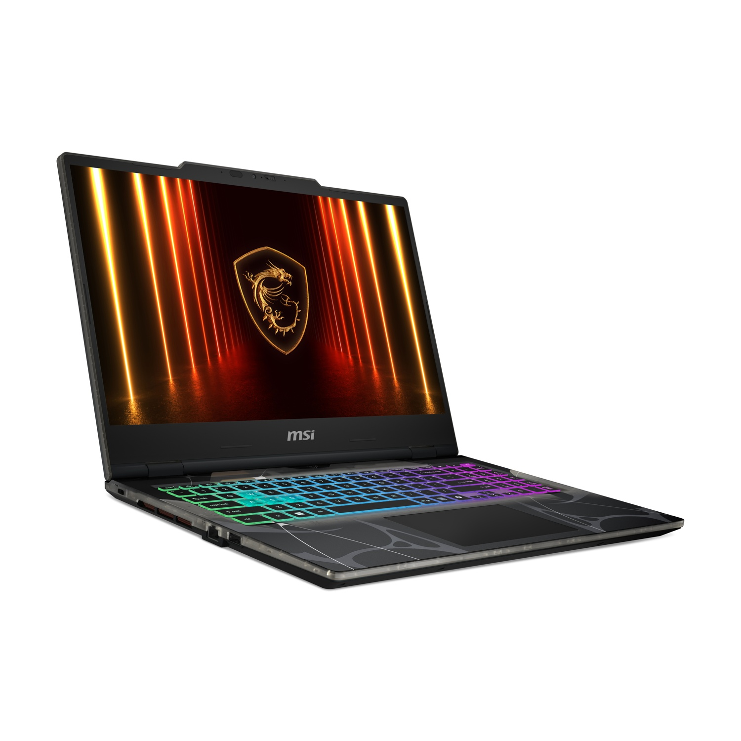 Laptop MSI con schermo luminoso. Lo schermo mostra un logo a forma di drago, la tastiera ha colori arcobaleno. Sfondo bianco.
