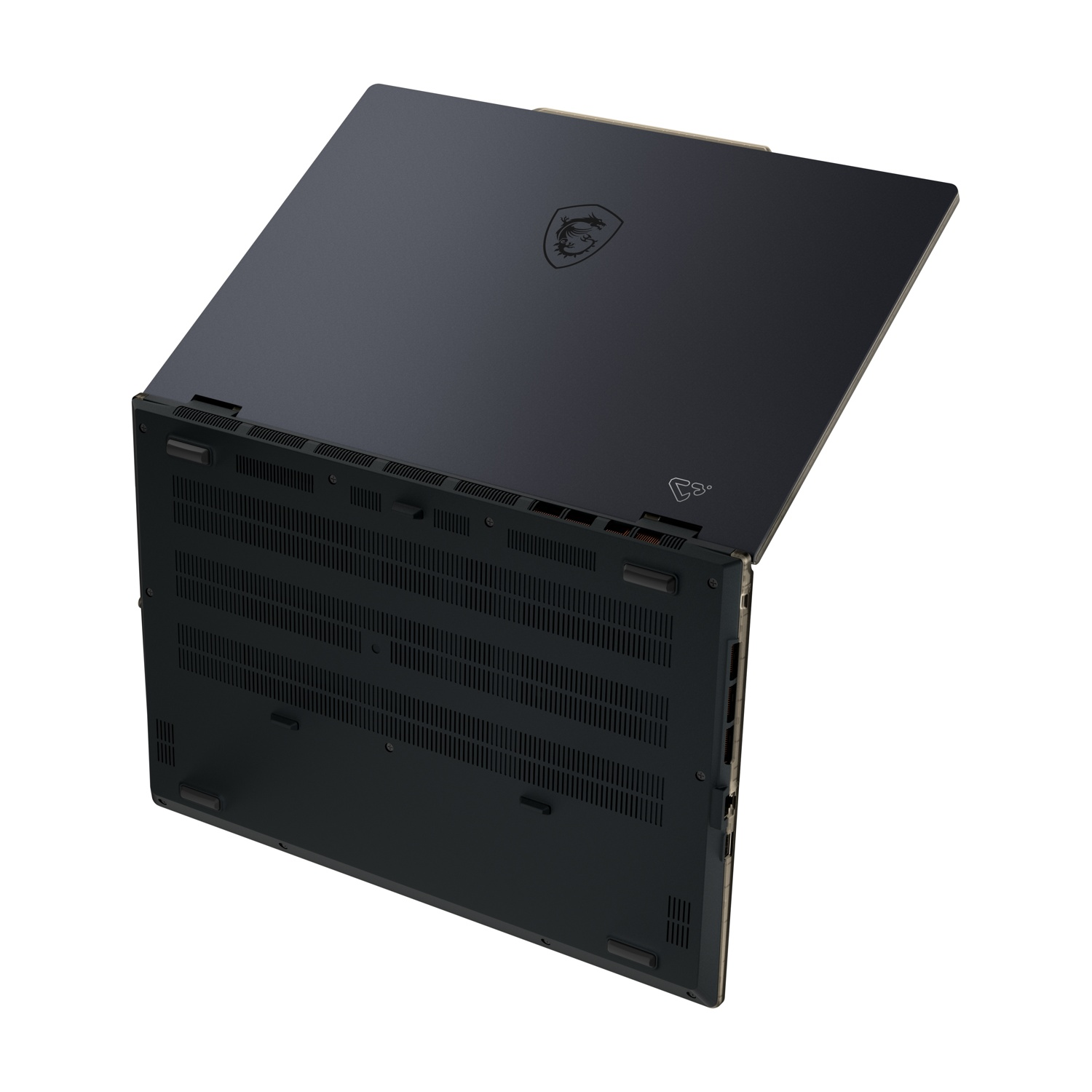 Un laptop nero è mostrato aperto ad angolo. Il coperchio mostra il logo MSI. La parte inferiore ha prese d'aria e piedini.