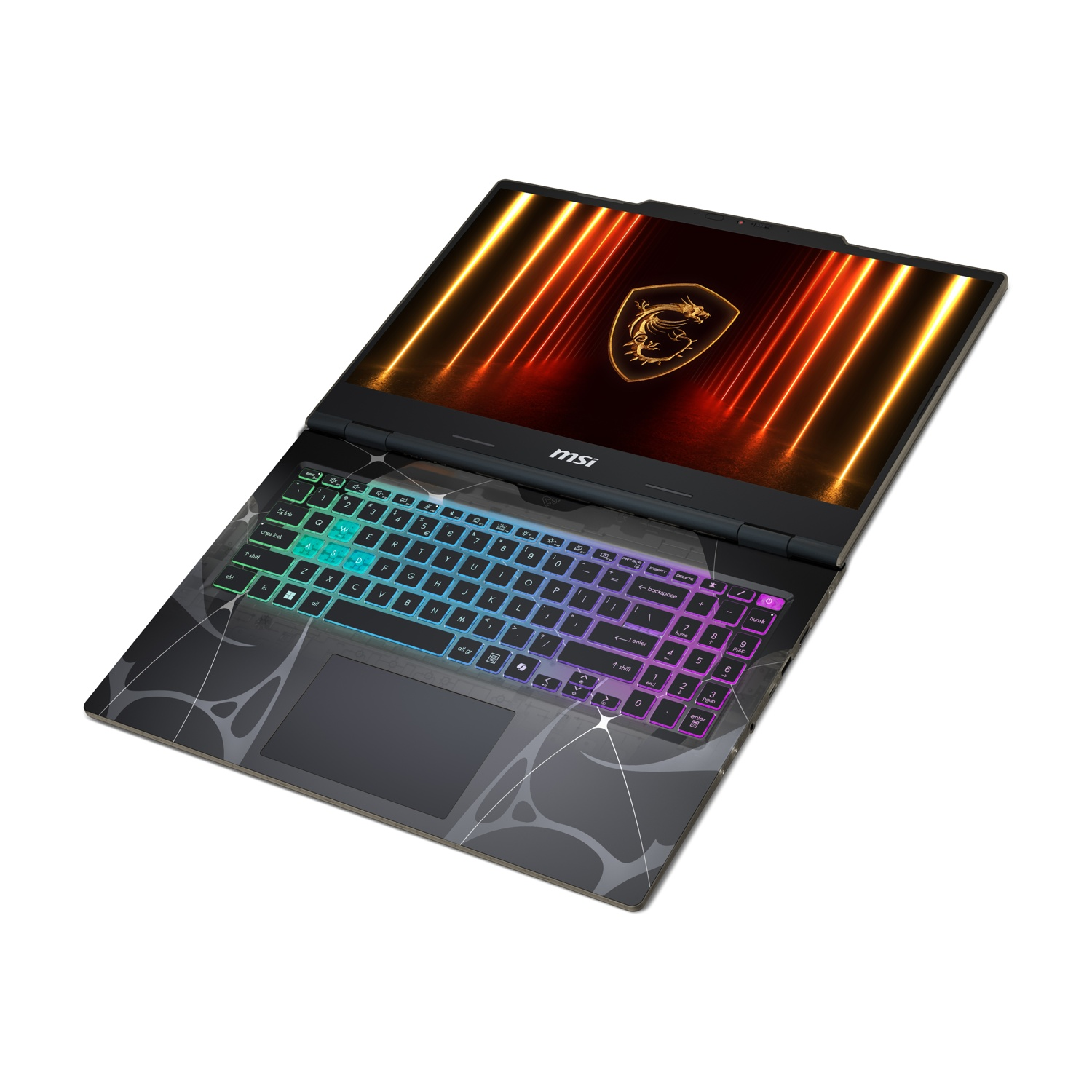Un laptop MSI aperto. Lo schermo mostra un logo di drago con luci arancioni. La tastiera ha retroilluminazione colorata.