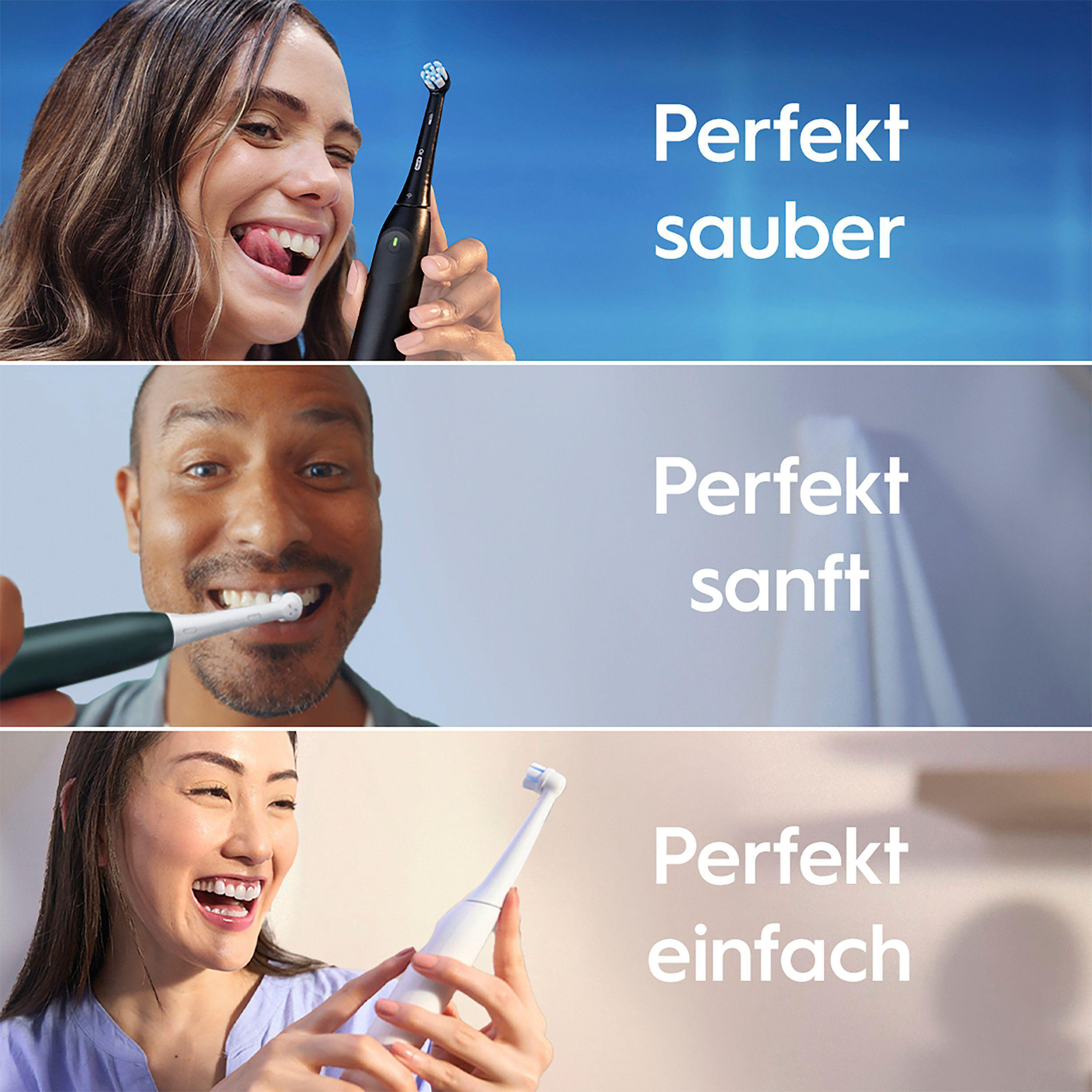 Bild mit drei Tafeln. Personen, die elektrische Zahnbürsten benutzen. Text: Perfekt sauber, sanft und einfach.
