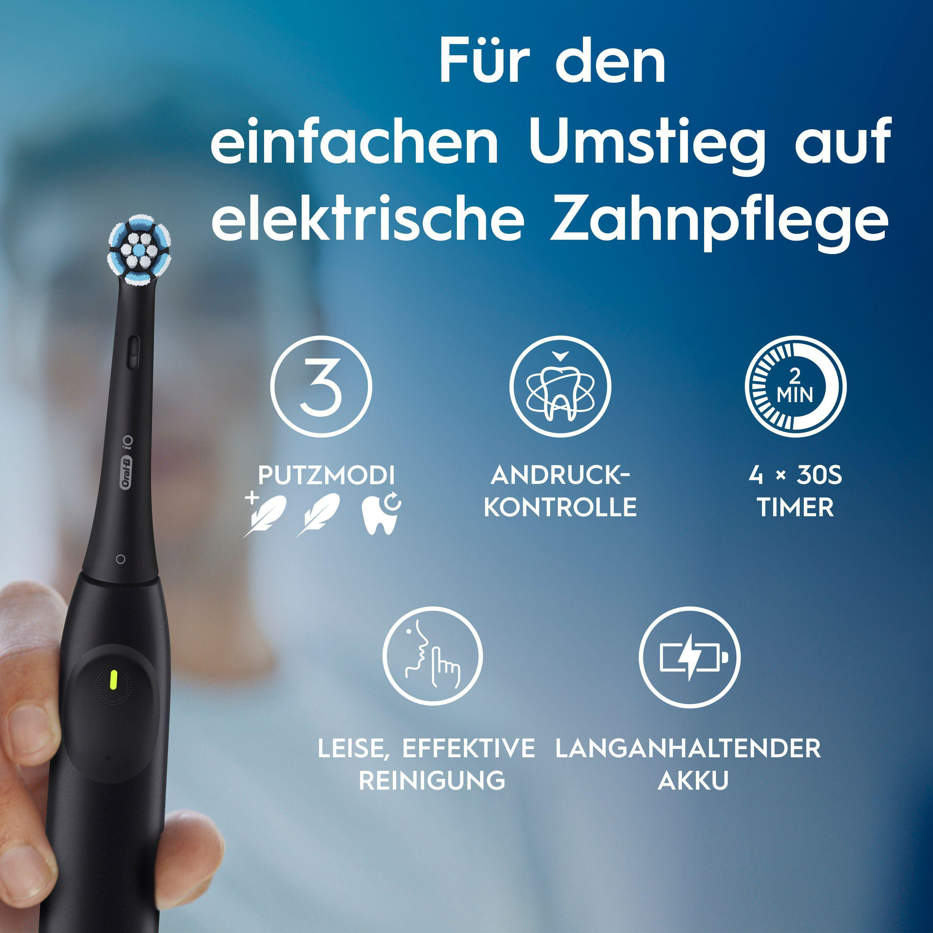 Schwarze elektrische Zahnbürste mit blauen und weißen Borsten, gehalten von einer Hand. Text hebt Merkmale hervor.
