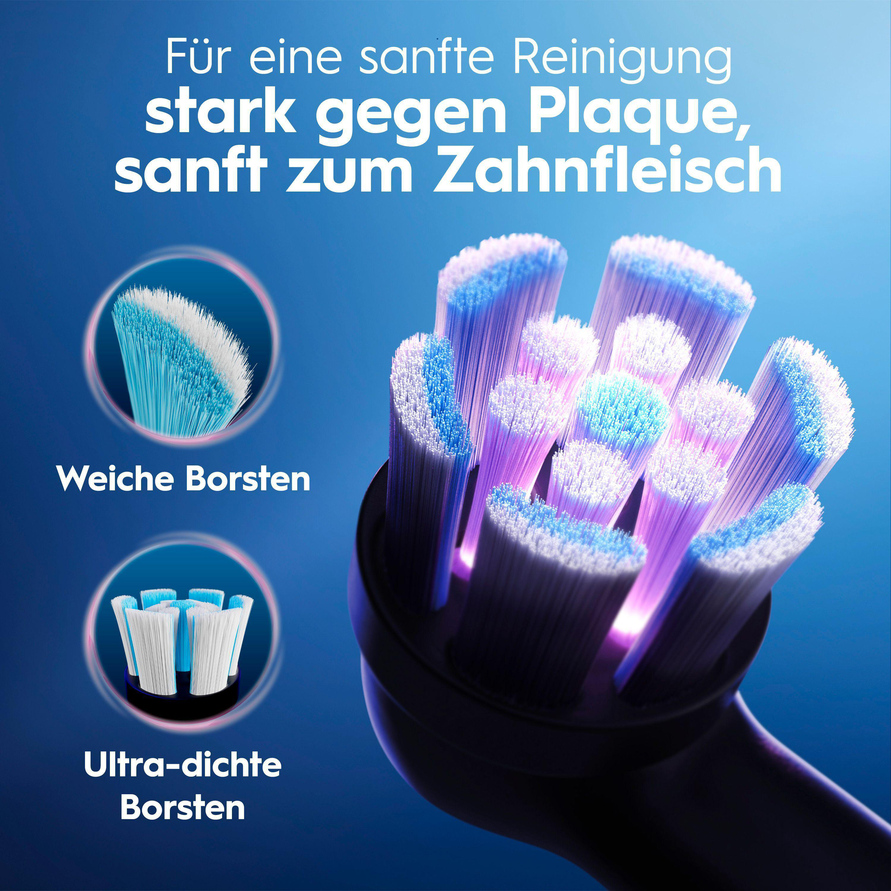 Nahaufnahme eines Zahnbürstenkopfes mit blauen und weißen Borsten. Text sagt 'stark gegen Plaque, sanft zum Zahnfleisch'.