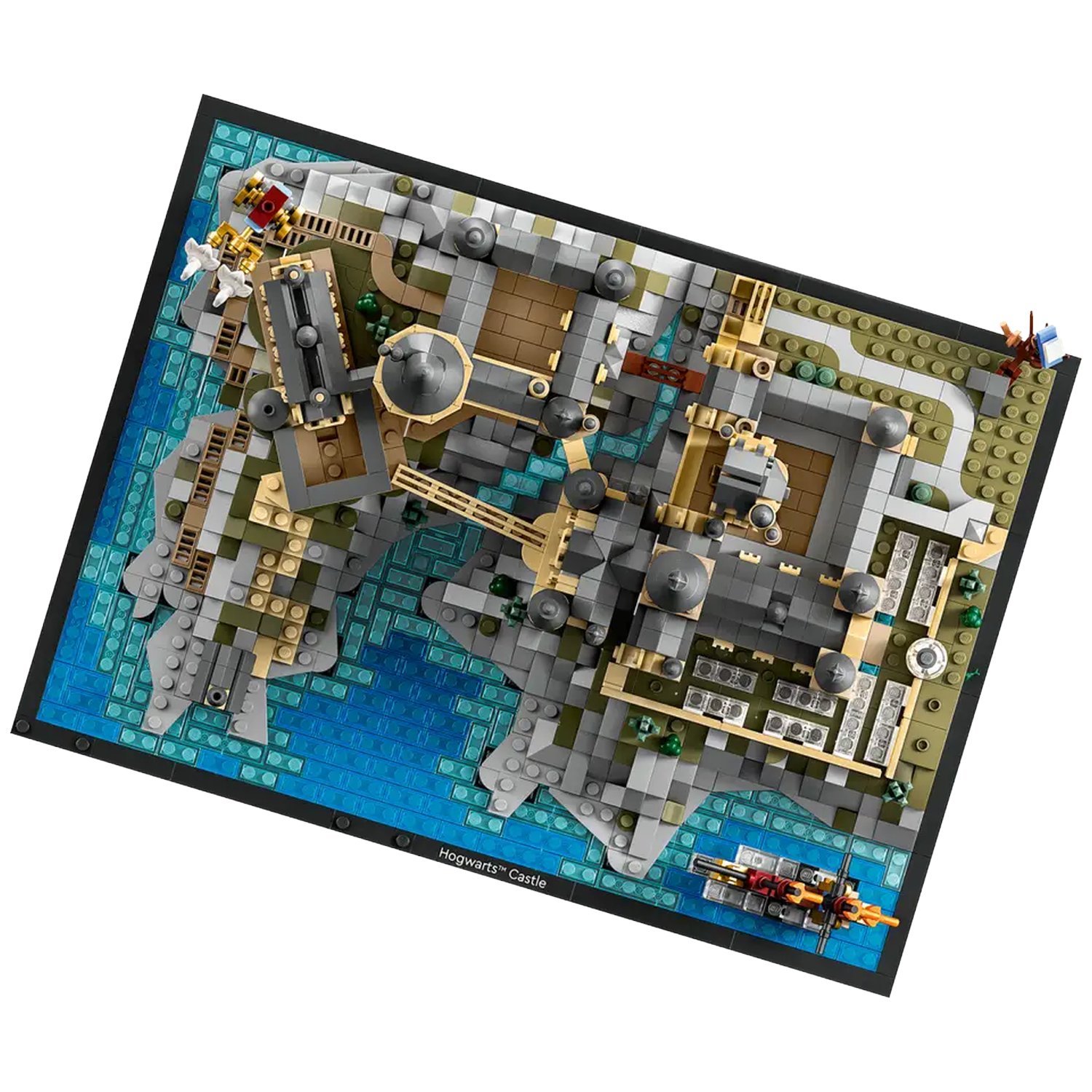Lego Hogwarts Castle model on a black base. Includes buildings, water, and details like boats and figures. Gray, tan, blue, and green colors.