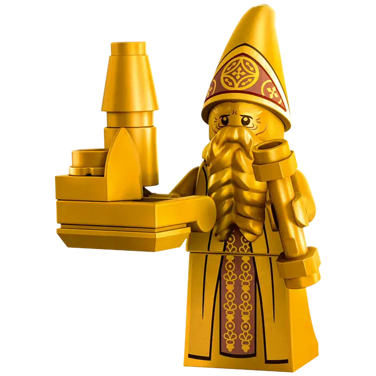 A golden Lego figure of a wizard holding a golden staff and a golden structure. The wizard has a long beard and hat.