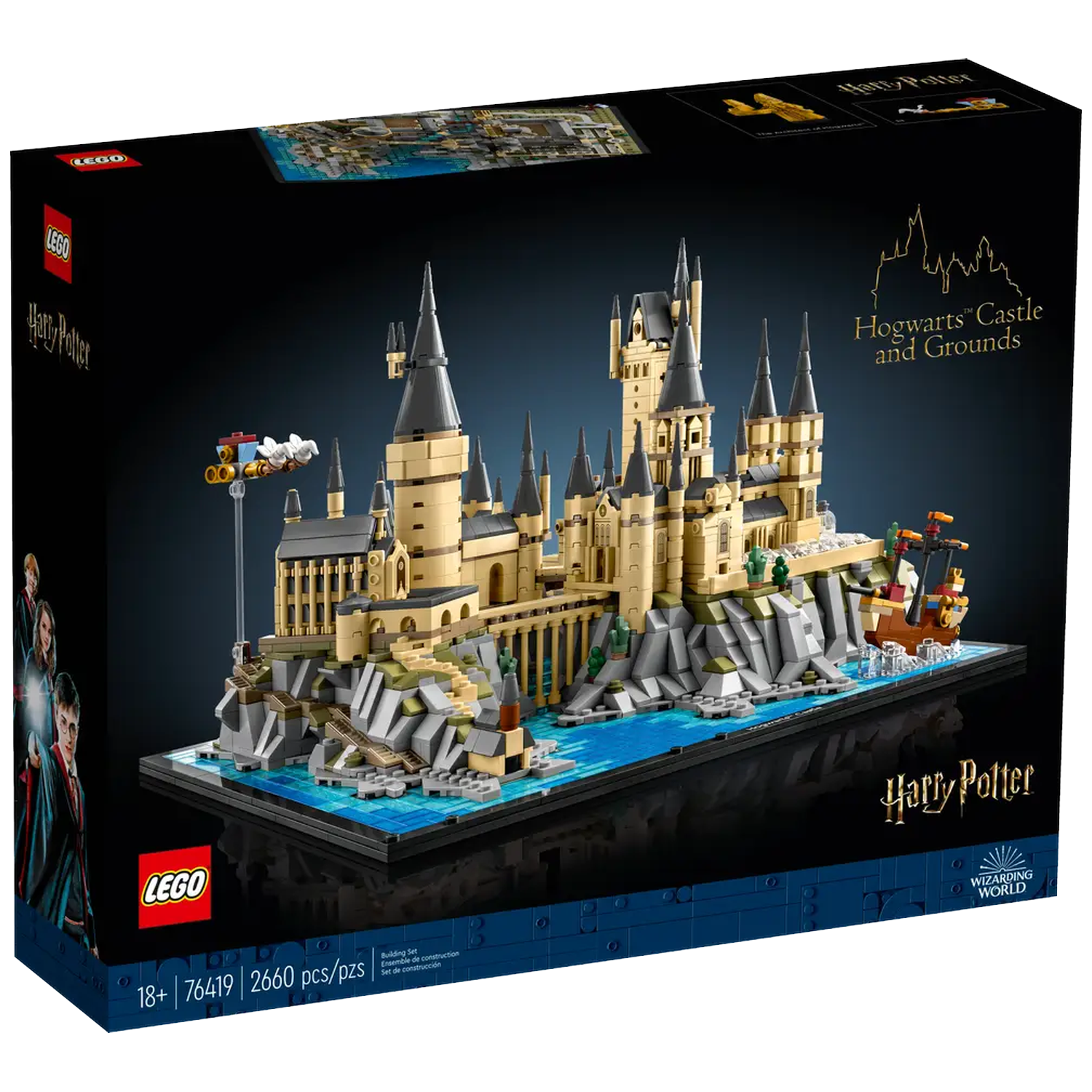 A Lego set of Hogwarts Castle. The box shows the castle model with a dark background. The Lego logo and Harry Potter branding are visible.