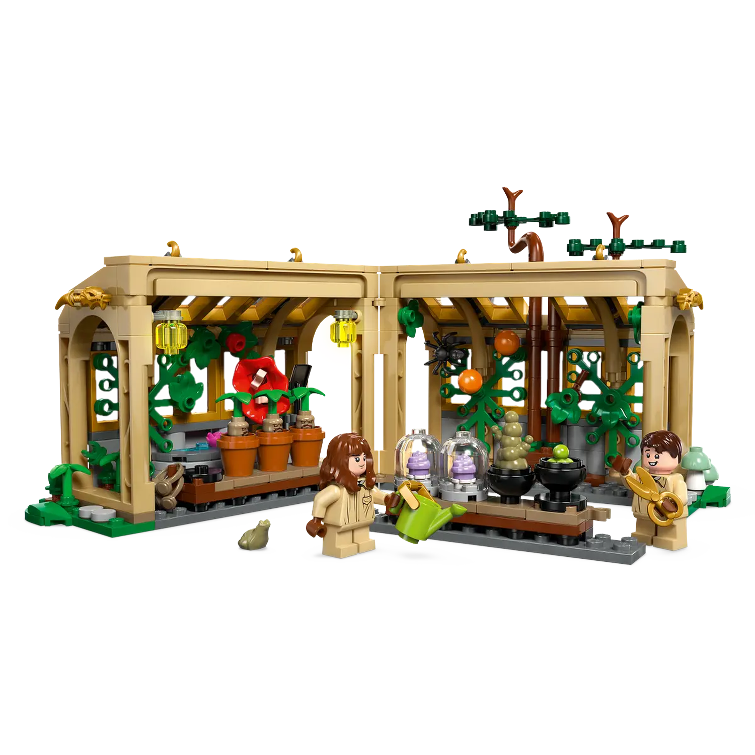 A Lego greenhouse scene with figures. Plants in pots, various objects, and two Lego figures are visible, one watering plants.