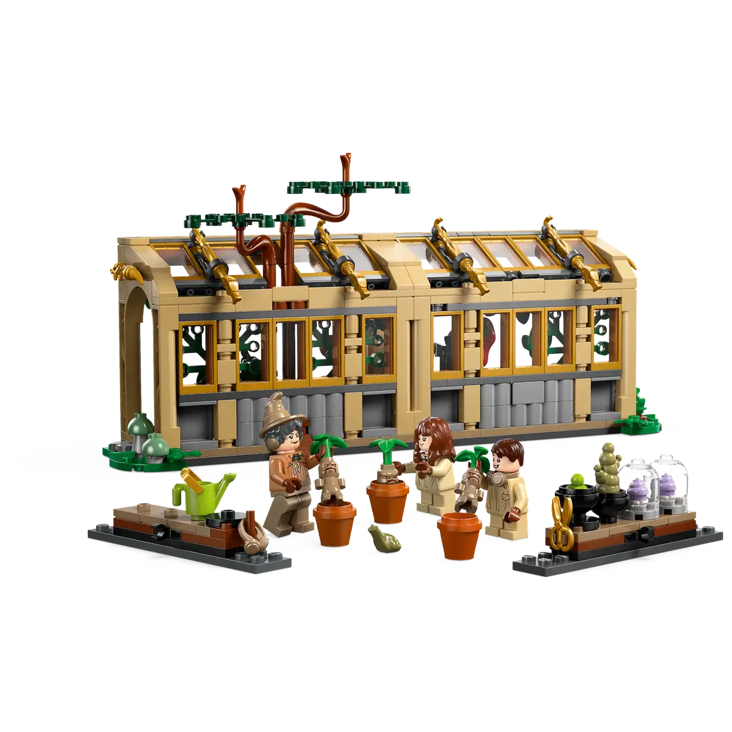 Lego set depicting a greenhouse with figures tending plants. Includes potted Mandrakes, watering cans, and other gardening tools.