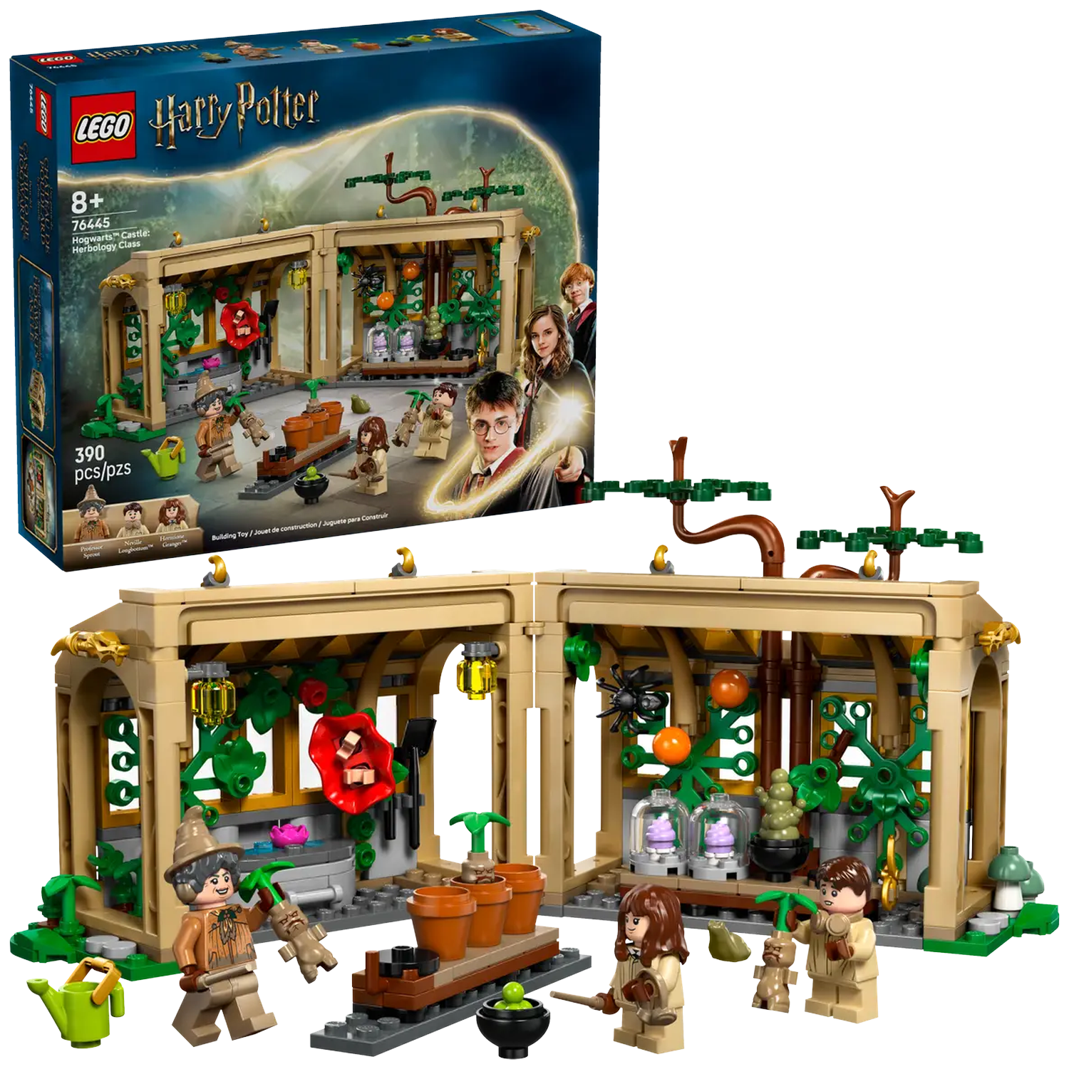 LEGO Harry Potter set. Features a greenhouse with characters, plants, and accessories. Includes figures of Harry, Hermione, and Neville.