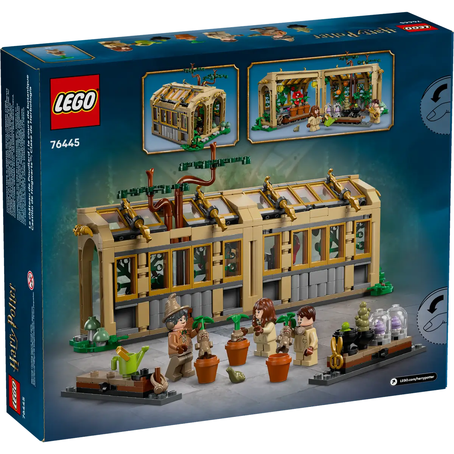 LEGO Harry Potter set. The box shows a greenhouse with minifigures and plants. It has a tan structure with glass windows.