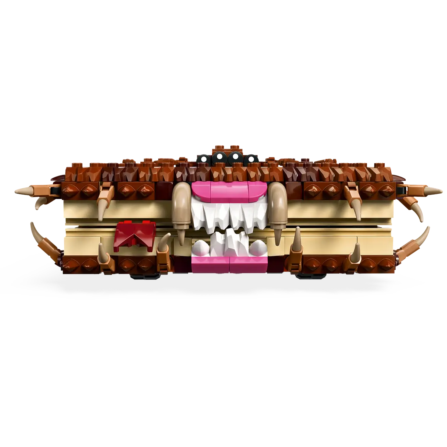 A Lego model of a monster with a mouth full of teeth. Brown, beige, and pink colors are dominant, set against a white background.