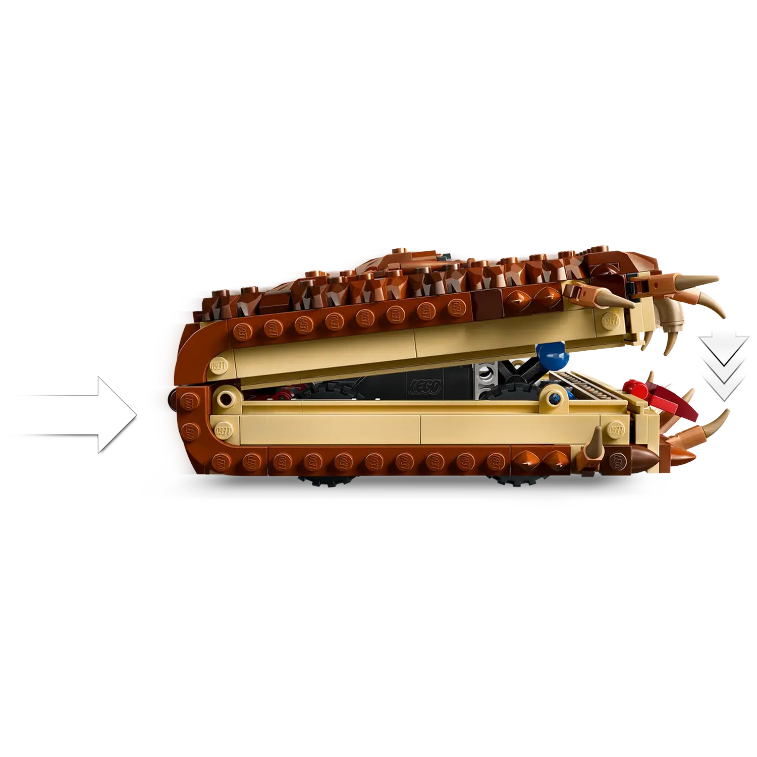 A Lego model of a brown and tan creature's mouth, with open jaws and sharp teeth. A white arrow points to the left.