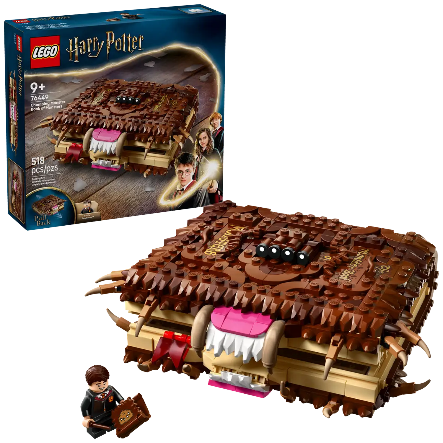 Lego Harry Potter set. The Chomping Monster Book of Monsters. A Lego figure is holding a smaller book.