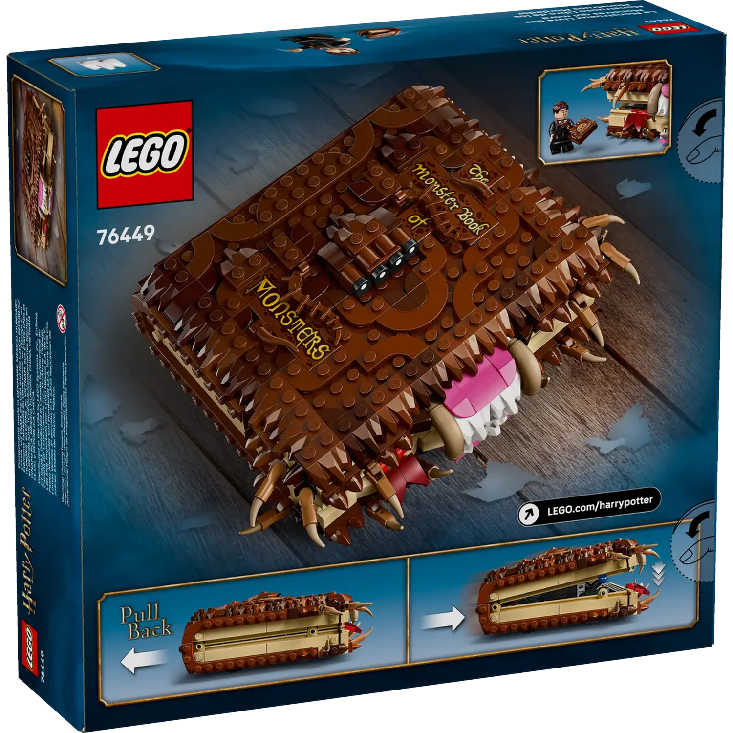 The LEGO Harry Potter Monster Book of Monsters set box. It features a brown book with teeth and claws, and a minifigure.
