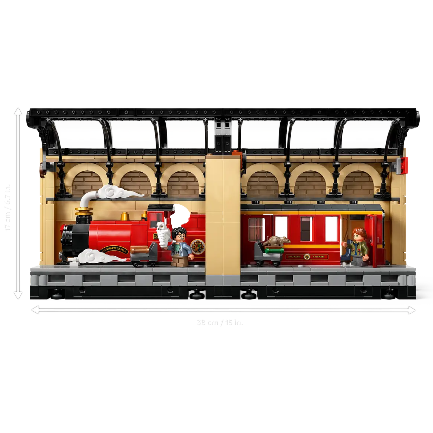 Lego set depicting a red Hogwarts Express train at a station. Includes figures of Harry Potter and a girl.  Brick arches and a roof.