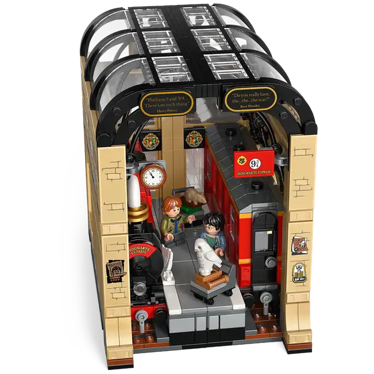 Lego set of Platform 9 3/4. Includes Harry Potter and Ron Weasley figures, train, and owl. Set has signs and a clock.