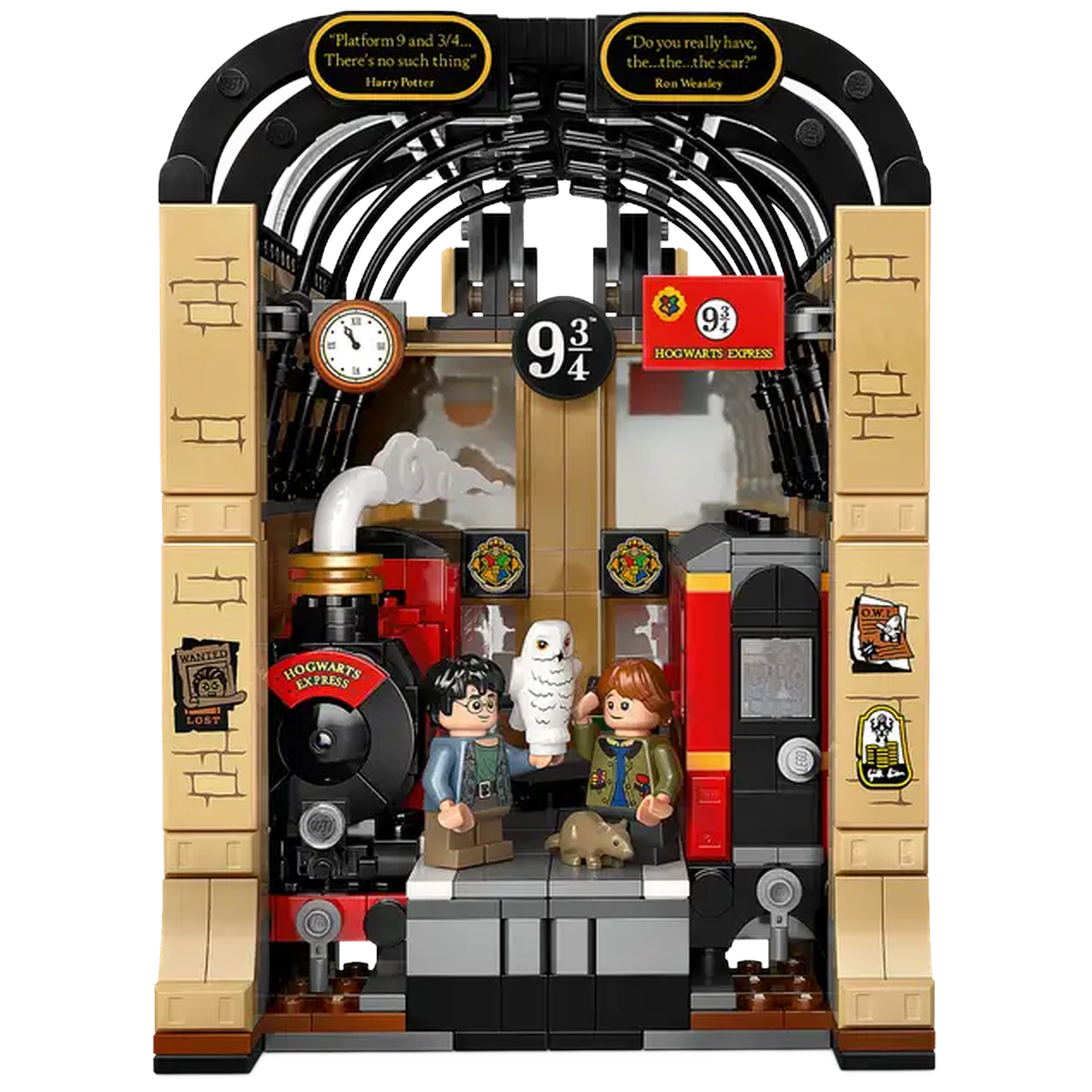 Lego set of Platform 9 3/4 from Harry Potter. Includes train, characters, owl, and signs. Black, red, and beige colors.