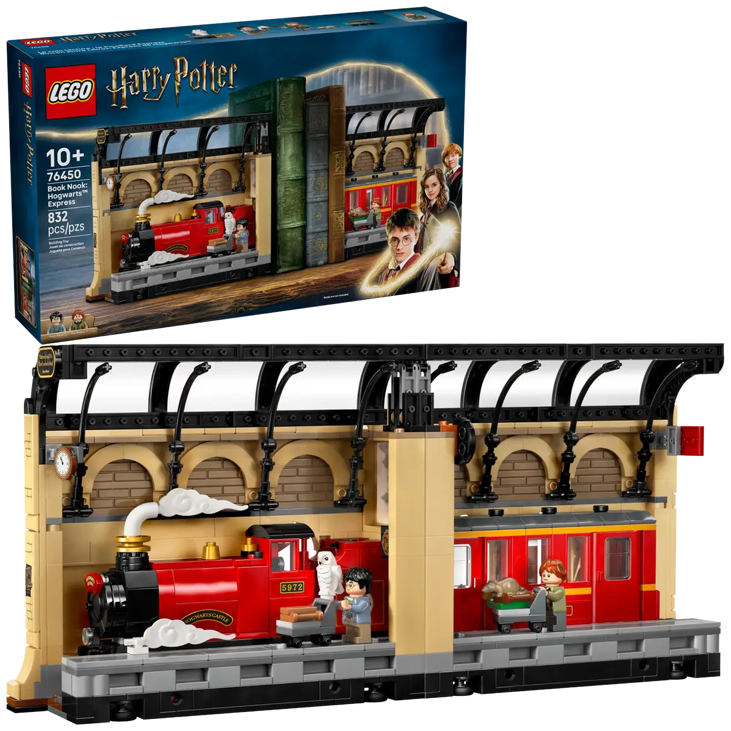 A Lego Harry Potter set depicts a red Hogwarts Express train at a station. Figures of Harry, Ron, and others are present.
