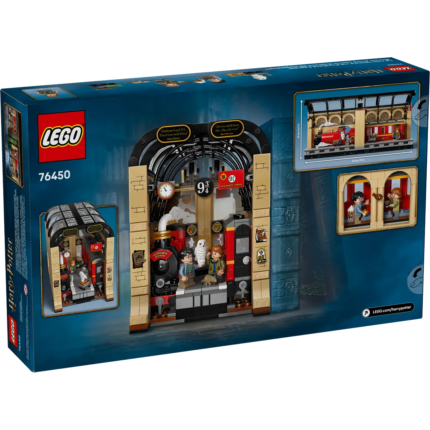 Lego Harry Potter set box. Features platform 9 3/4, Hogwarts Express train, and Lego figurines of Harry, Ron, and Hermione.