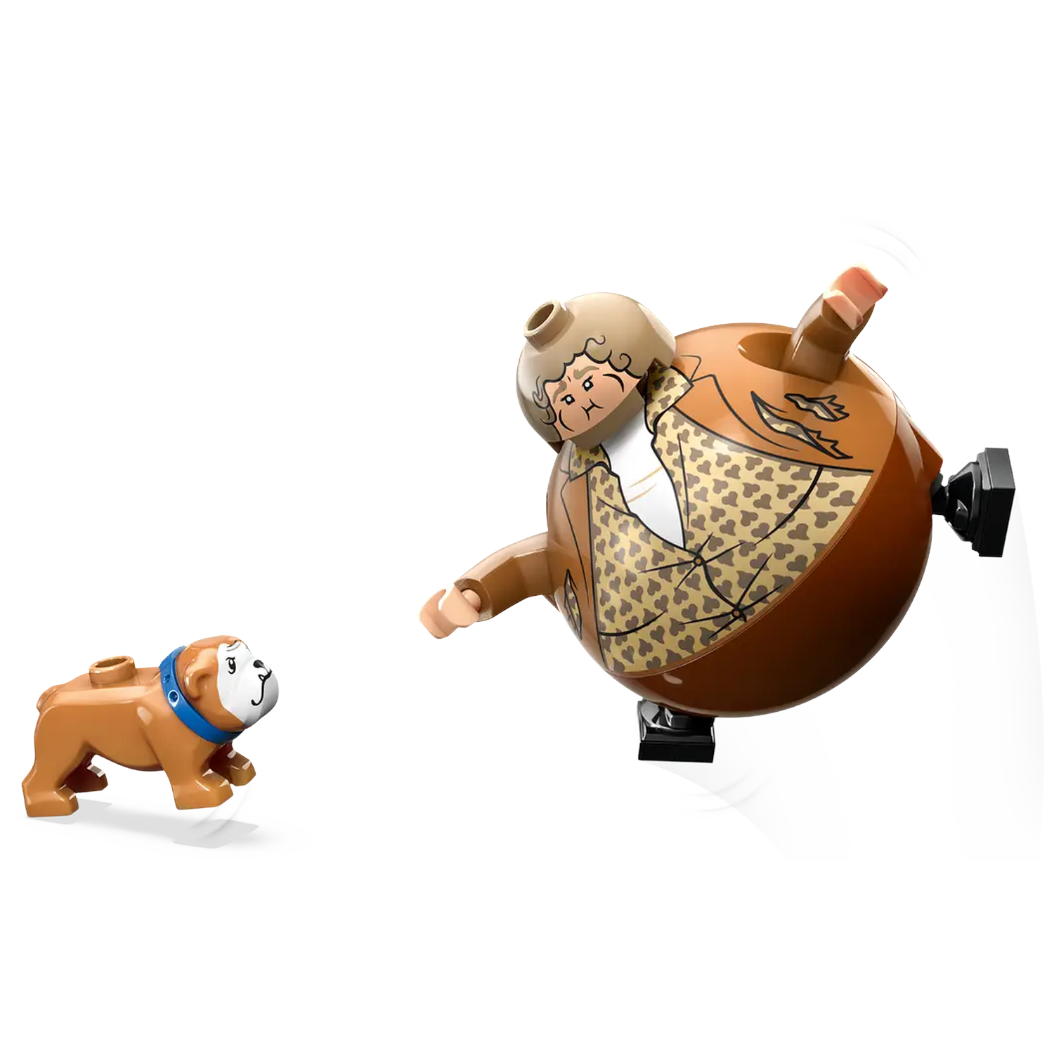 A Lego figure in a brown coat spins, about to hit a brown bulldog with a blue collar. White background.