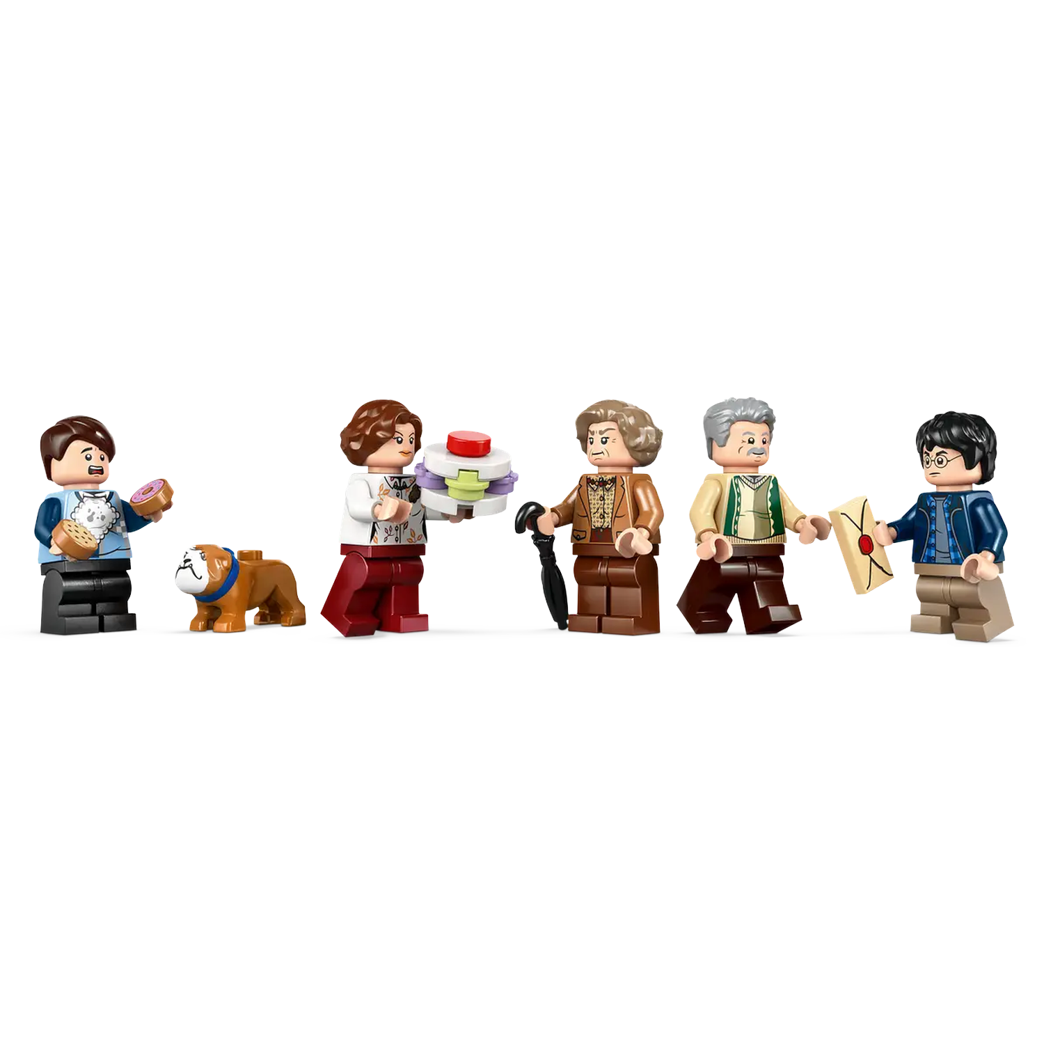 Lego minifigures: a man with a donut, a bulldog, a woman with a sandwich, two people with an umbrella and a letter.