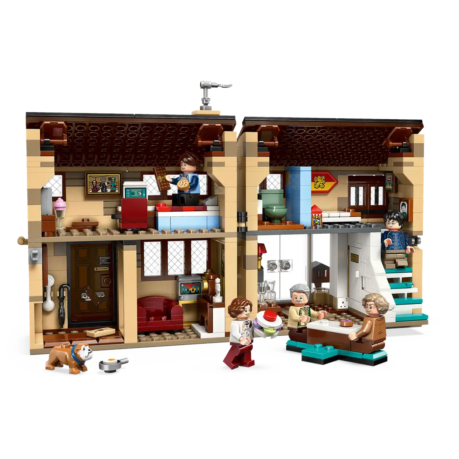 Lego set depicting a house interior with various rooms. Lego figures are interacting in different scenes. A dog is in the foreground.