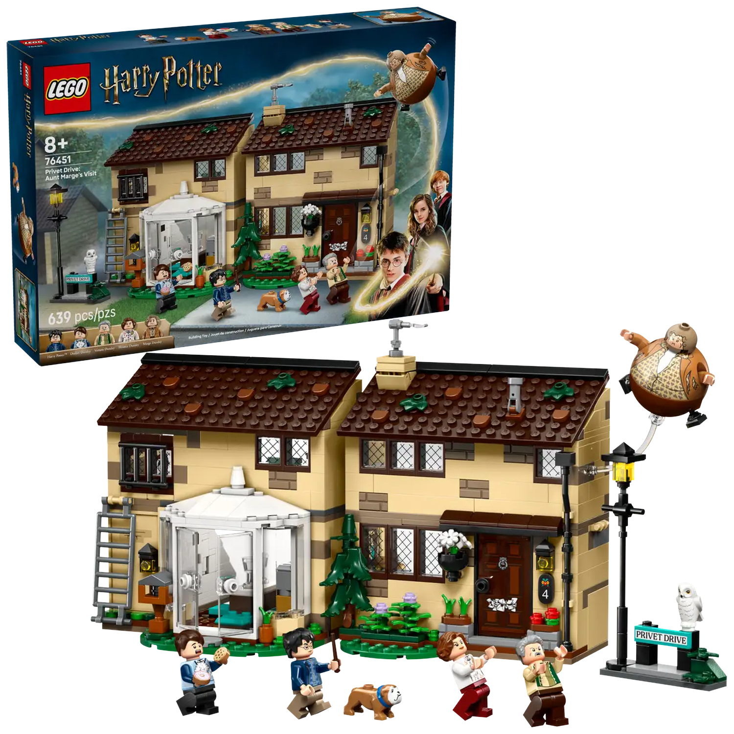 Lego set of Privet Drive with figures. Includes a house, characters, and a floating Aunt Marge. The box art is also visible.