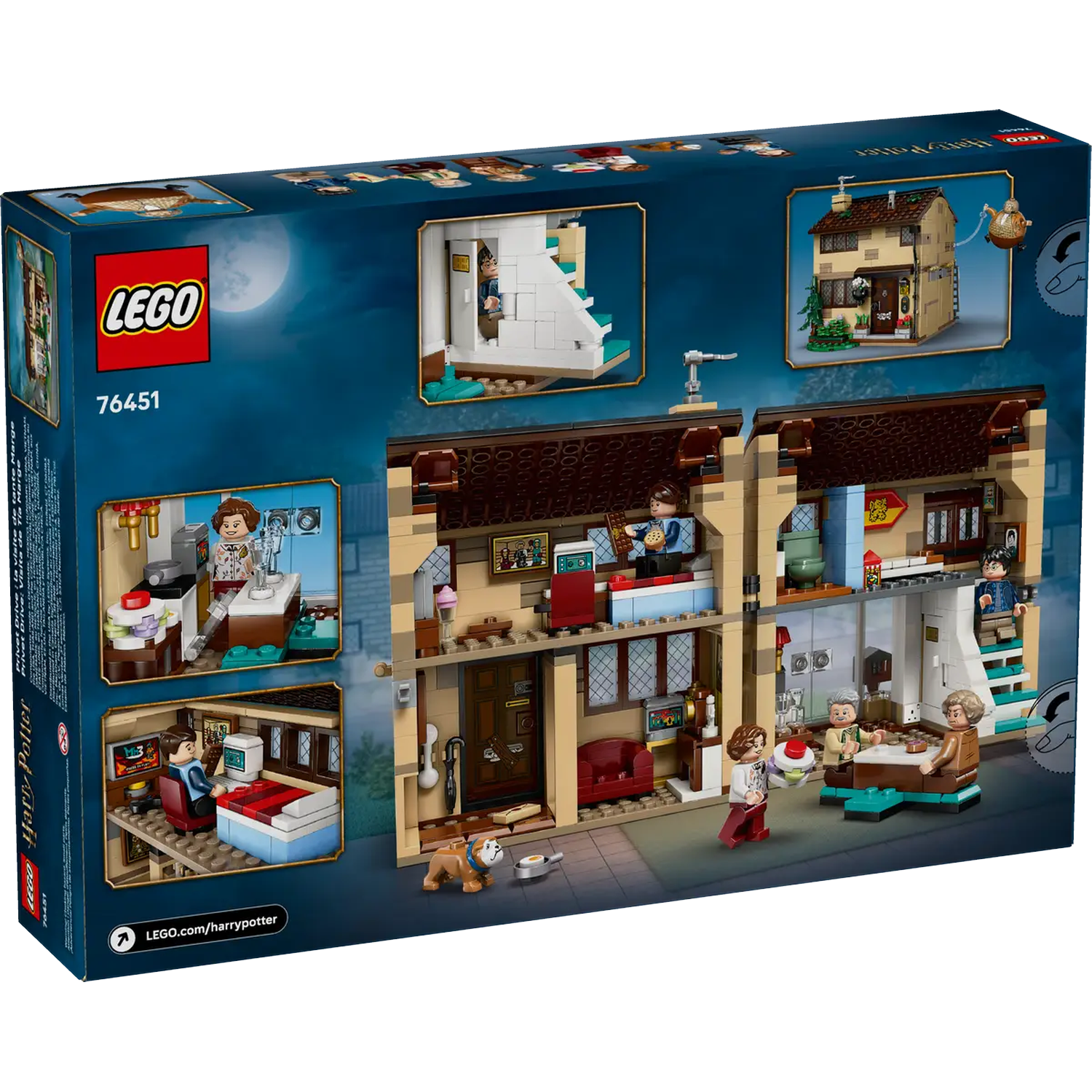 LEGO Harry Potter set box. It shows a house with multiple rooms and mini-figures, plus other scenes.