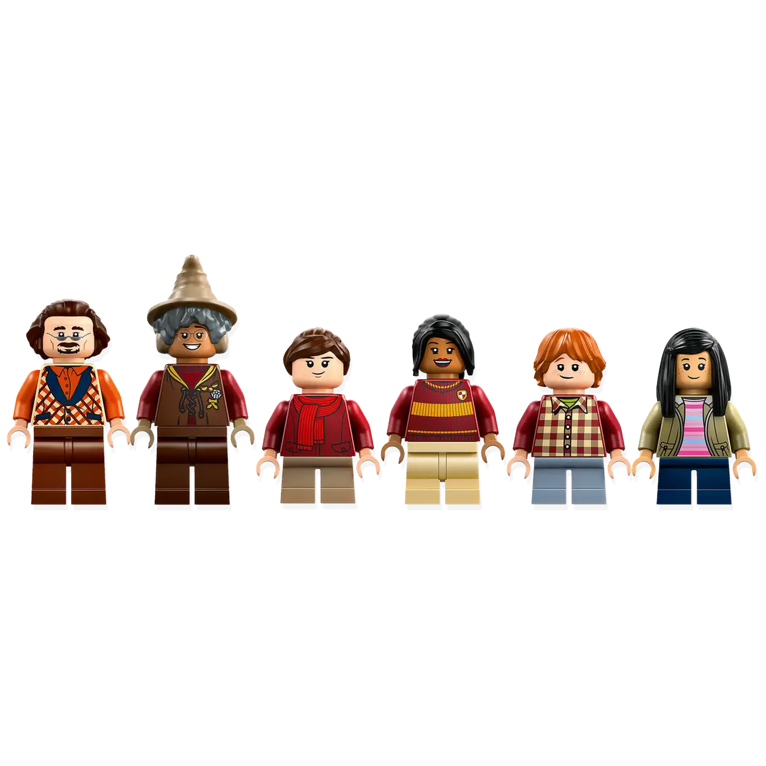 Six Lego figures in a row. They wear different outfits, including vests, scarves, and coats. Each has a unique hair and facial expression.