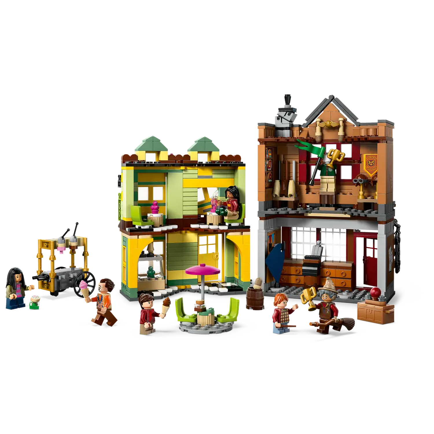 Lego set with two buildings, characters, ice cream cart, and a table with umbrella. The buildings are detailed, with multiple floors.