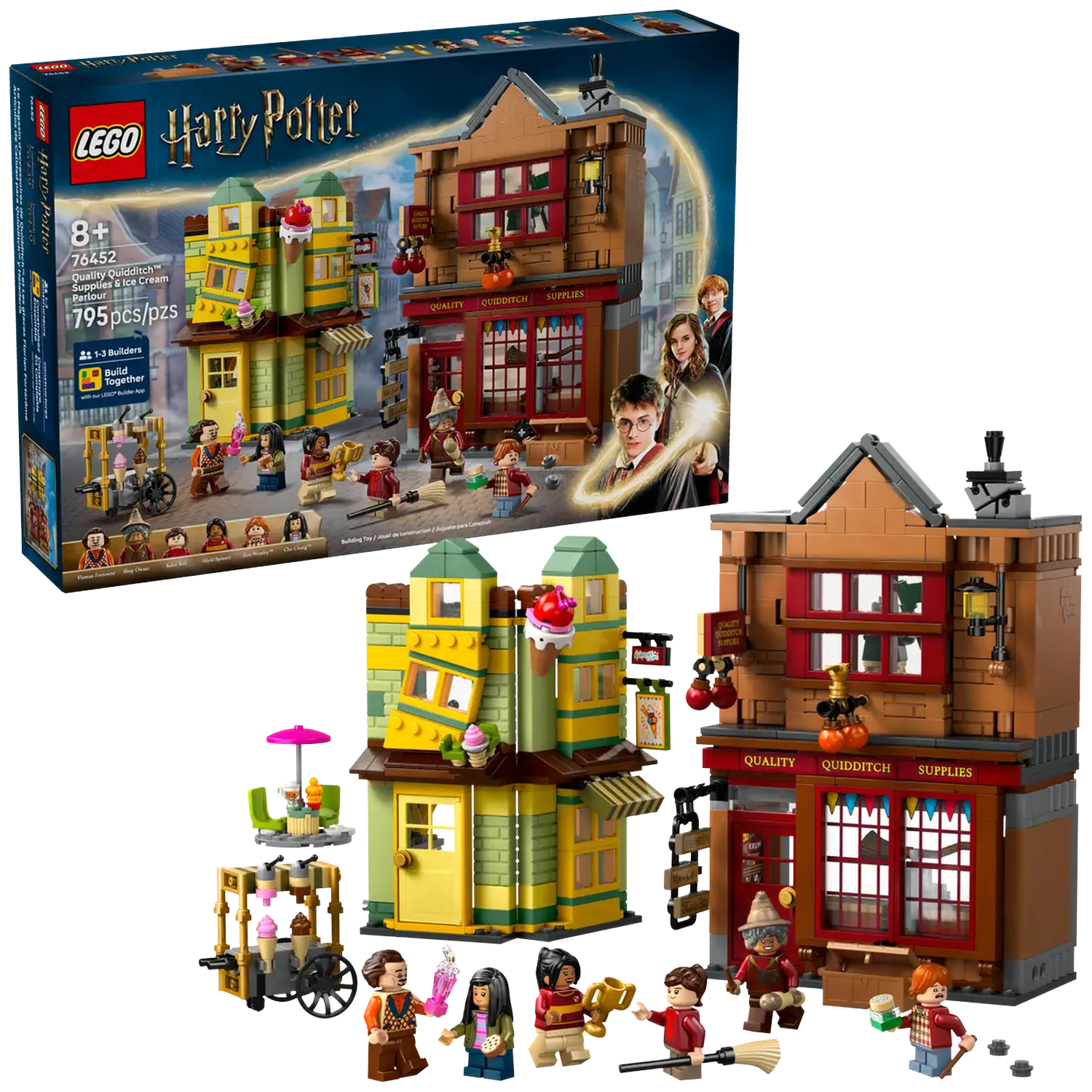 Lego set: Harry Potter, Quidditch supplies and ice cream parlor. Includes buildings, characters, and accessories.