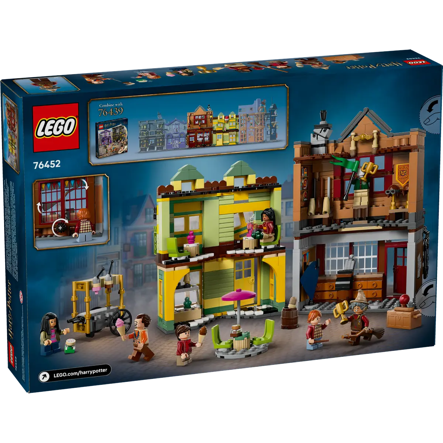 Lego Harry Potter set box. Buildings, minifigures with ice cream and wands. Colorful buildings and Lego logo. A scene from the movie.