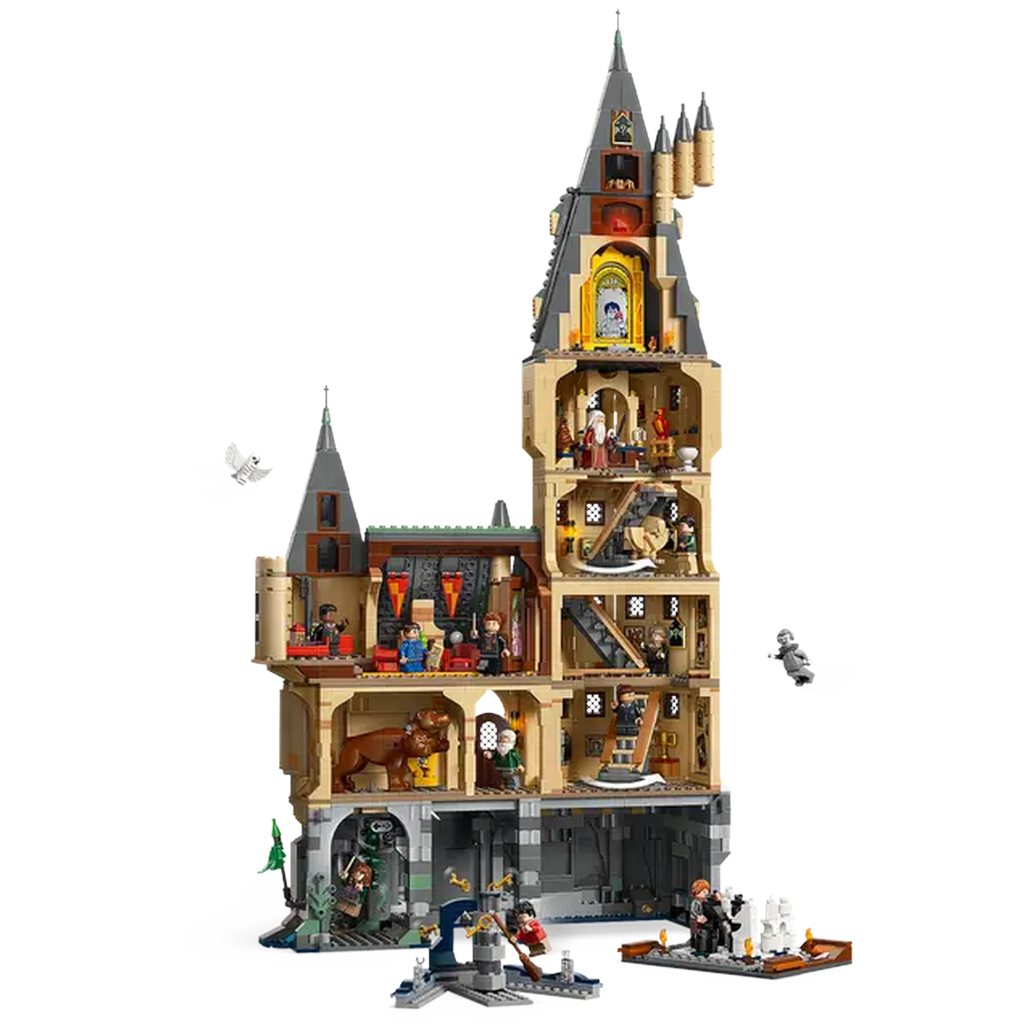 Lego Hogwarts Castle set, multi-story with detailed rooms, figures, owl, and figures. Features a detailed facade.