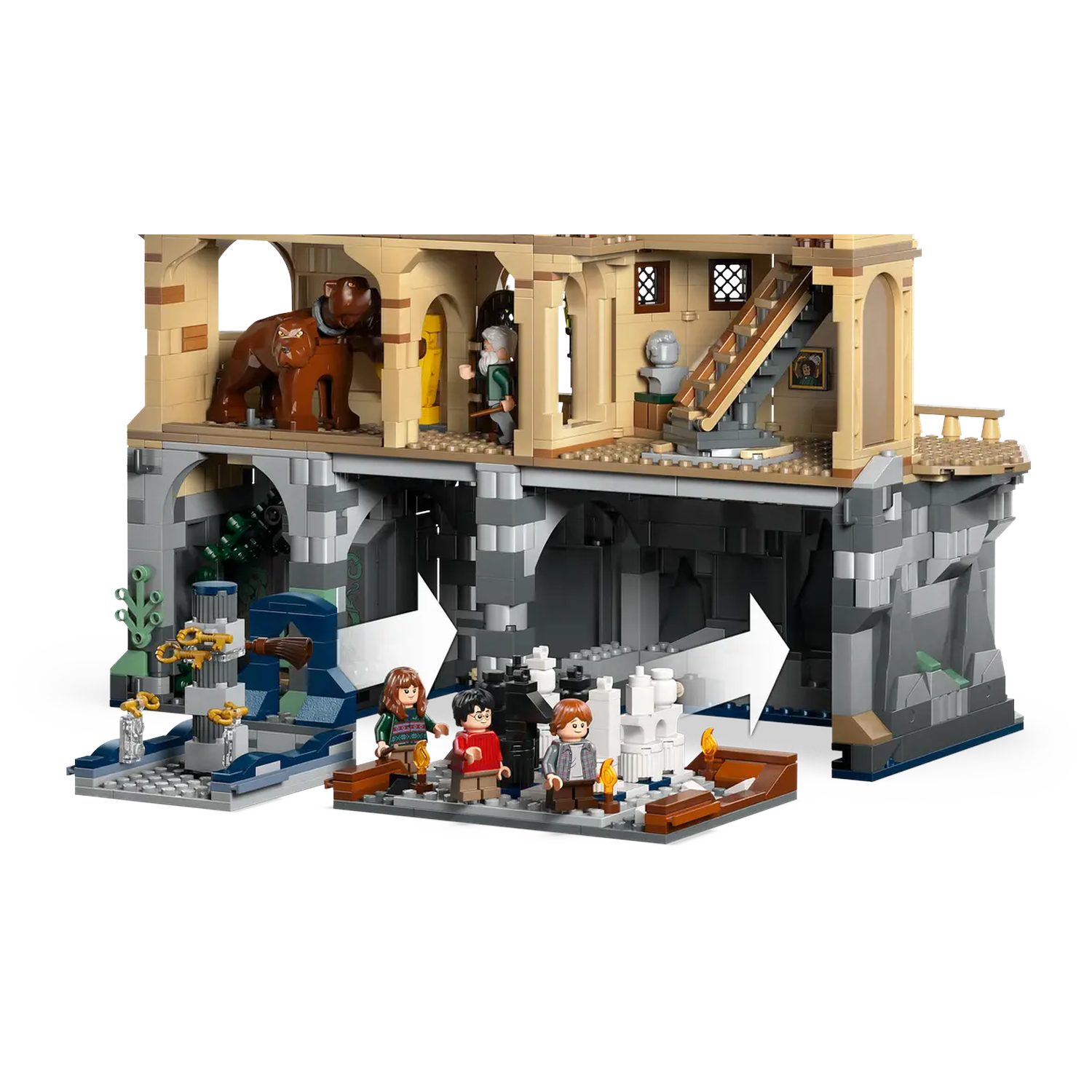 Lego set depicting a scene with figures, brown bear, stairs, and architectural elements. Several figures stand in the foreground.