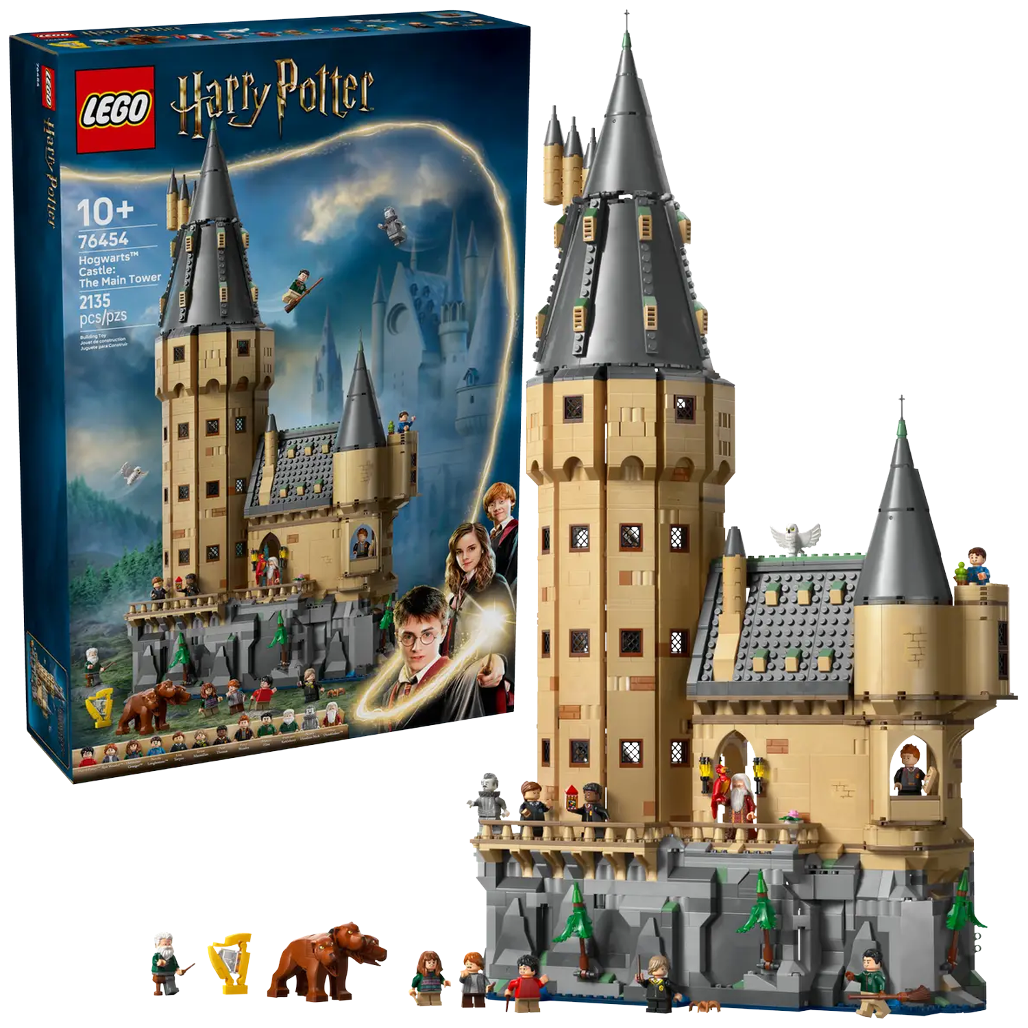LEGO Harry Potter Hogwarts Castle set. A large tan and gray Lego castle, with minifigures and box art visible.