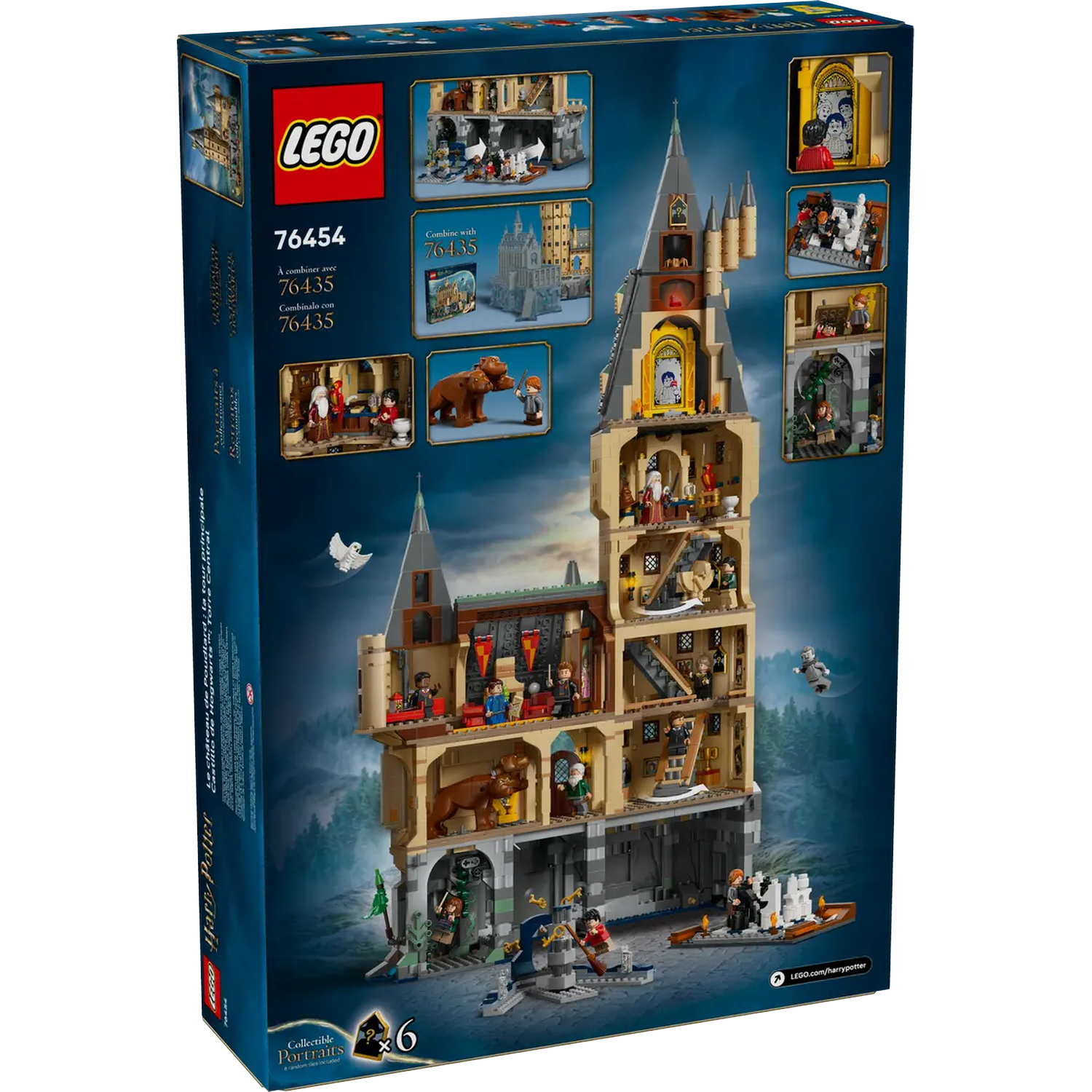 A Lego box set showing a Hogwarts castle with multiple rooms, figures, and details. The box is dark blue with the Lego and Harry Potter logos.