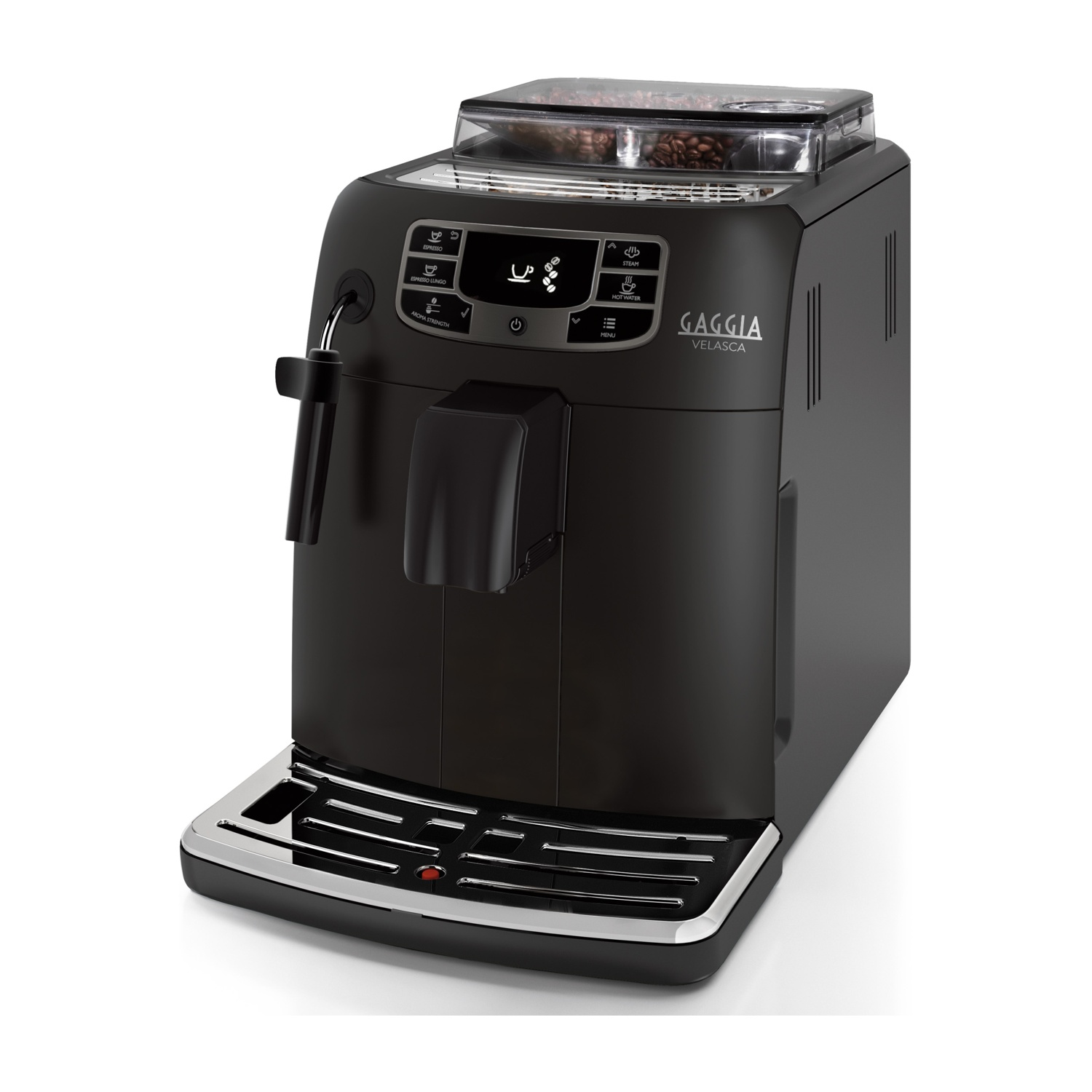Una macchina da caffè espresso Gaggia Velasca nera. Ha un contenitore per chicchi, un pannello di controllo e una lancia vapore. La base è argentata.