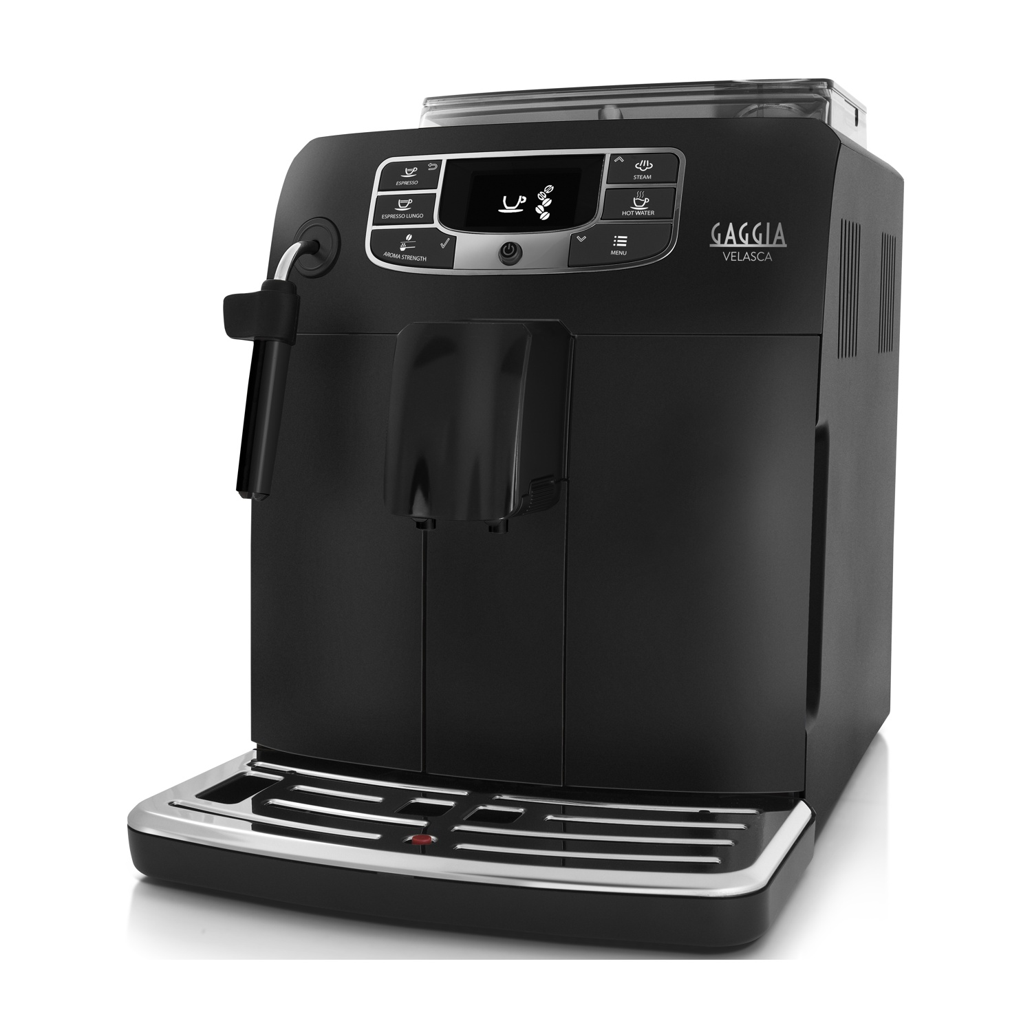 Una macchina per espresso Gaggia Velasca nera. Ha pulsanti per espresso, vapore e menu. Un schermo mostra le impostazioni.