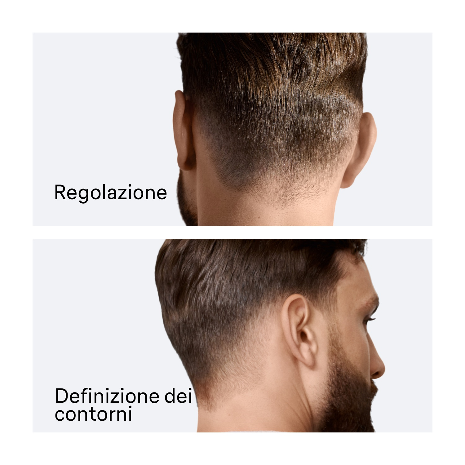 L'immagine mostra due tagli di capelli da uomo. In alto: vista posteriore di un taglio di capelli etichettato 'Regolazione'. In basso: vista laterale con barba, etichettato 'Definizione dei contorni'.