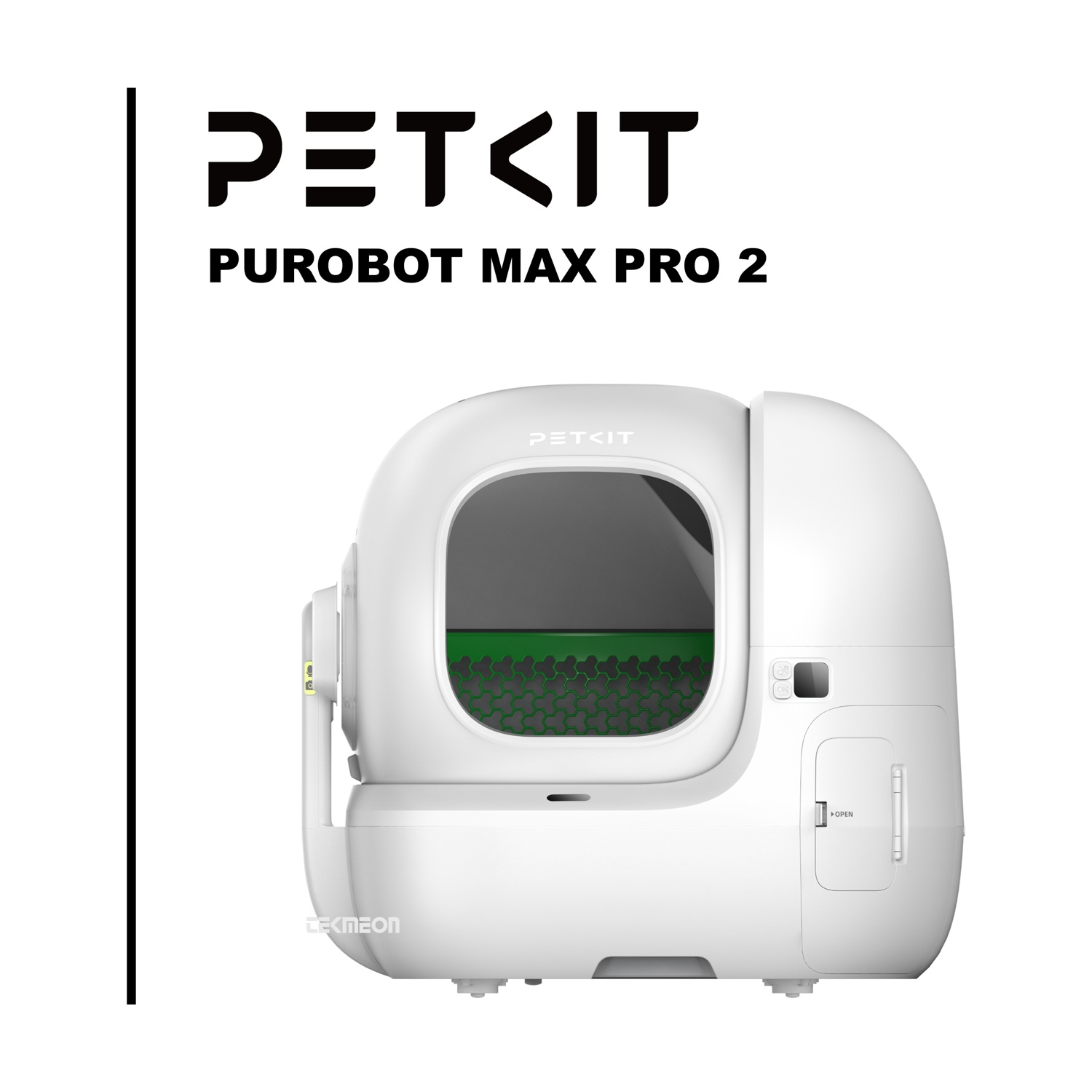 Lettiera bianca Petkit Purobot Max Pro 2. Ha un design arrotondato con un'apertura e una griglia verde all'interno.