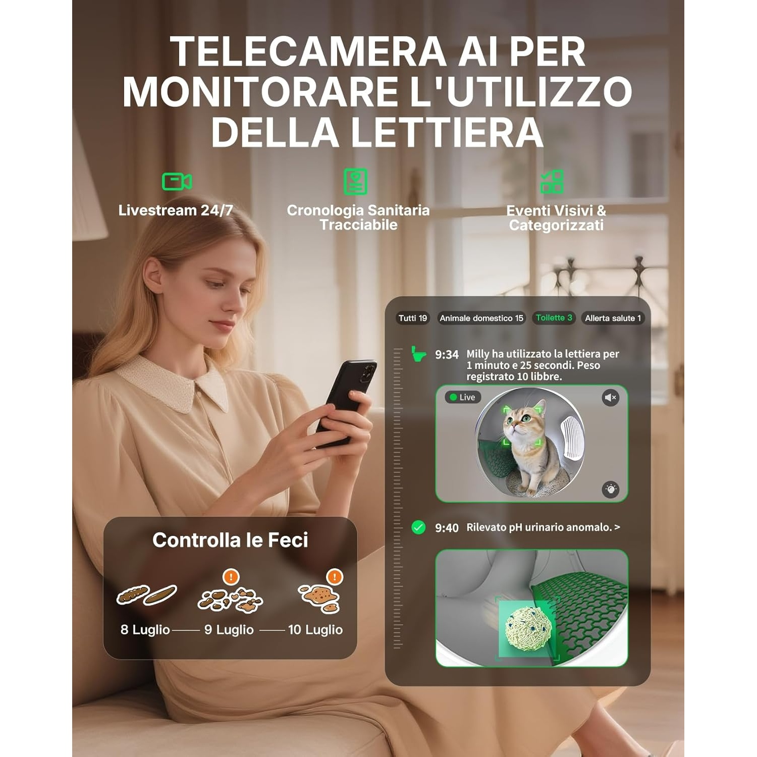 Donna usa telefono per monitorare lettiera gatto. Mostra feed live del gatto e dati sanitari. Testo in italiano.
