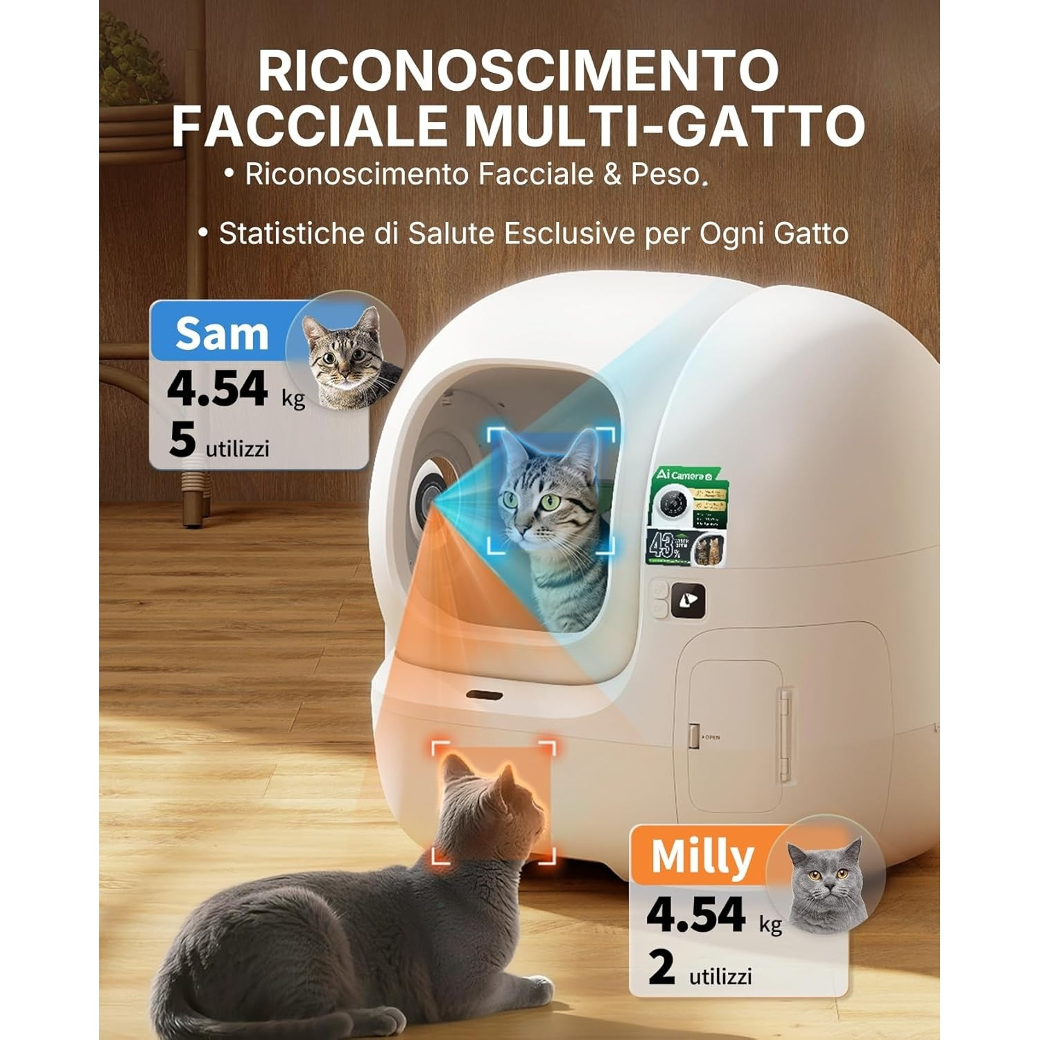 Una lettiera bianca con un gatto dentro. Due gatti sono fuori. La scatola mostra il riconoscimento facciale e il peso, con statistiche.