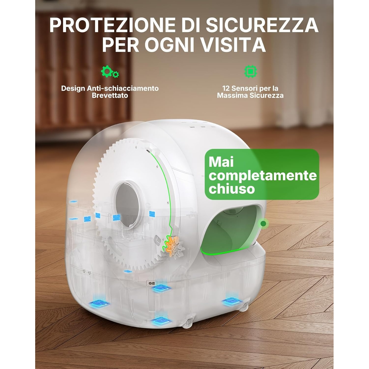 Un prodotto bianco per animali domestici con caratteristiche di sicurezza. Il testo evidenzia la sicurezza, tra cui il design anti-schiacciamento e 12 sensori. Il prodotto è etichettato come 'mai completamente chiuso'.