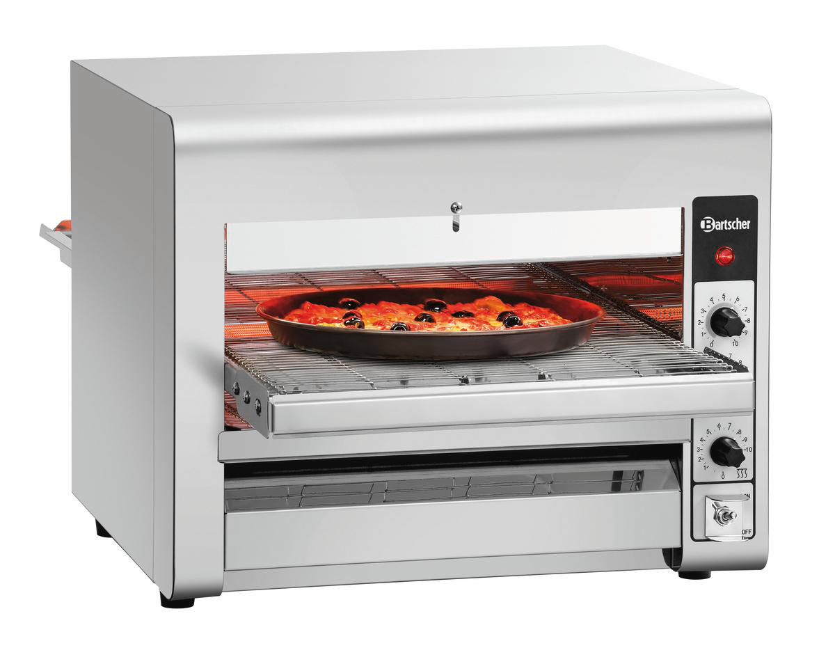 Ein Pizzaofen mit einer Pizza im Inneren. Er hat Temperaturregler und den Markennamen 'Bartscher'.