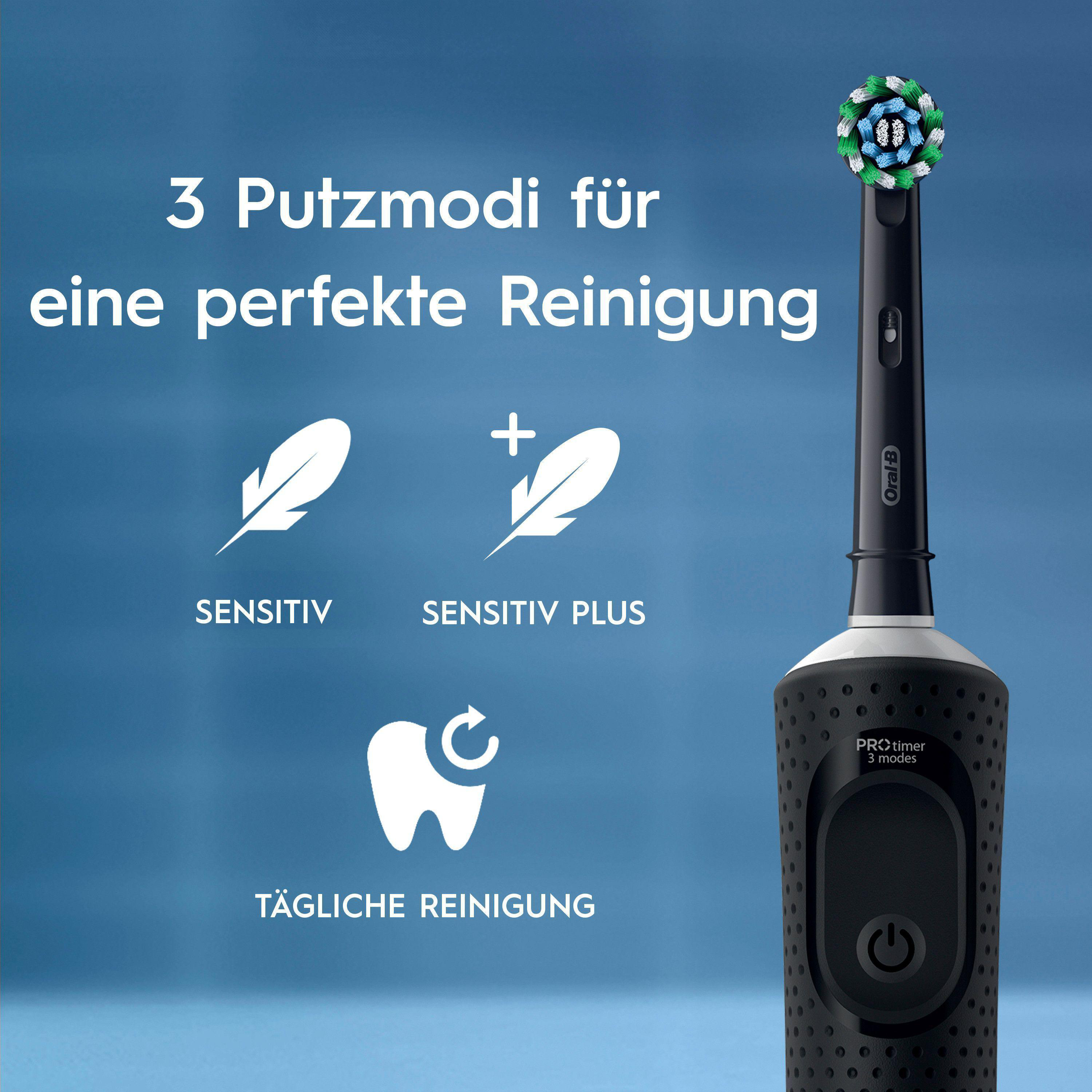 Eine elektrische Zahnbürste mit grünem, weißem und blauem Bürstenkopf und Text auf Deutsch, der für verschiedene Reinigungsmodi wirbt.